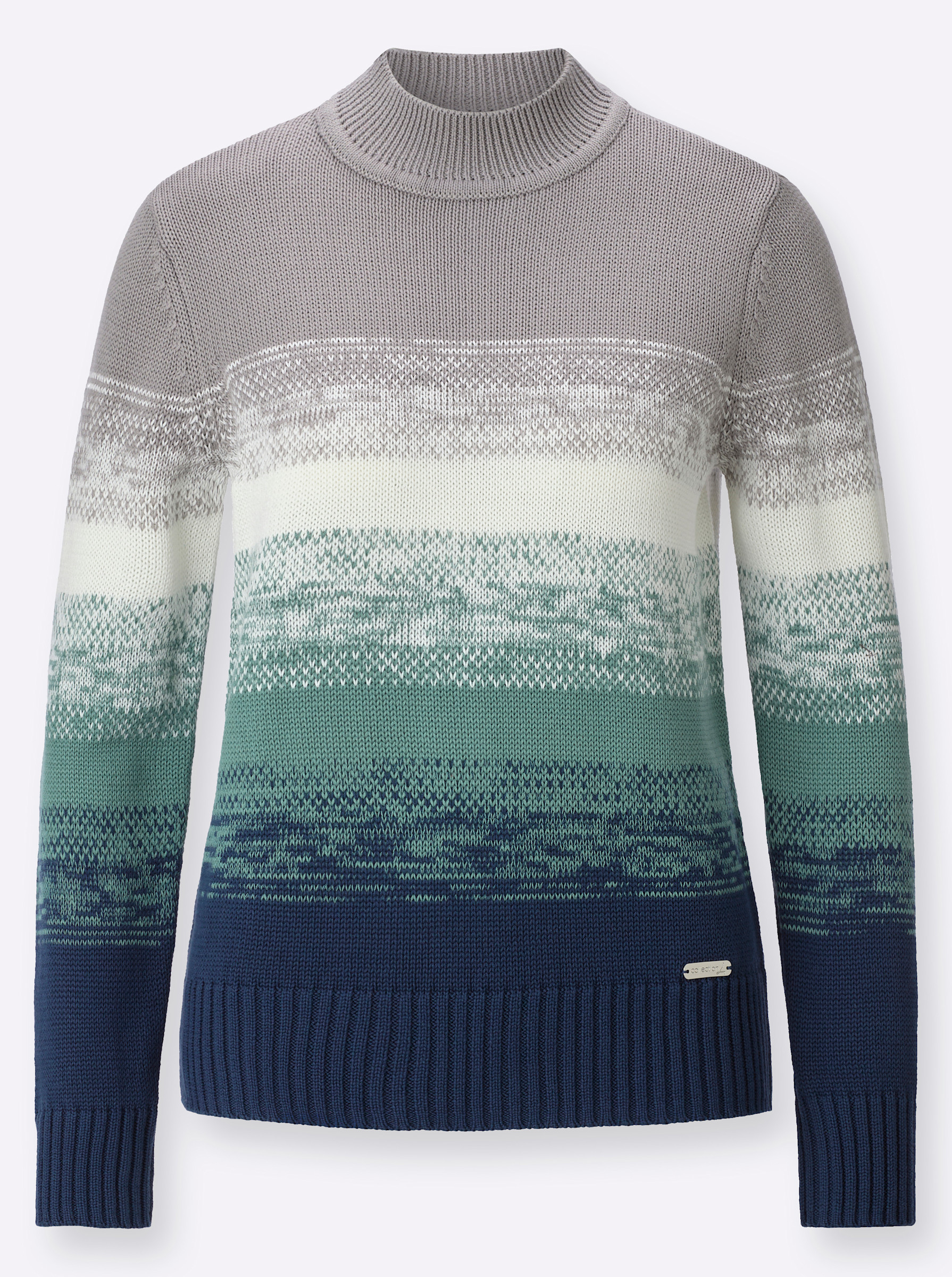  Stehkragenpullover mit Rippabschlüssen - steingrau-jade-geringelt