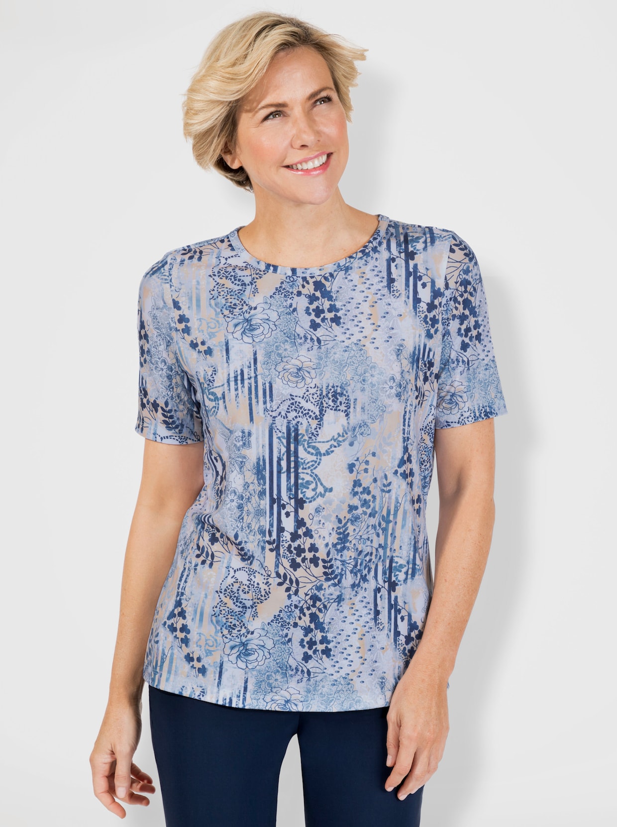 Shirt met ronde hals - hemelsblauw-nachtblauw bedrukt