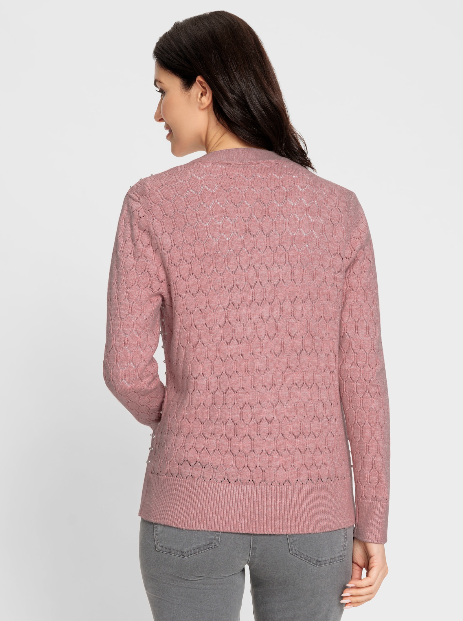 Ajourstrickjacke mit Zierperlen - rosenquarz-meliert