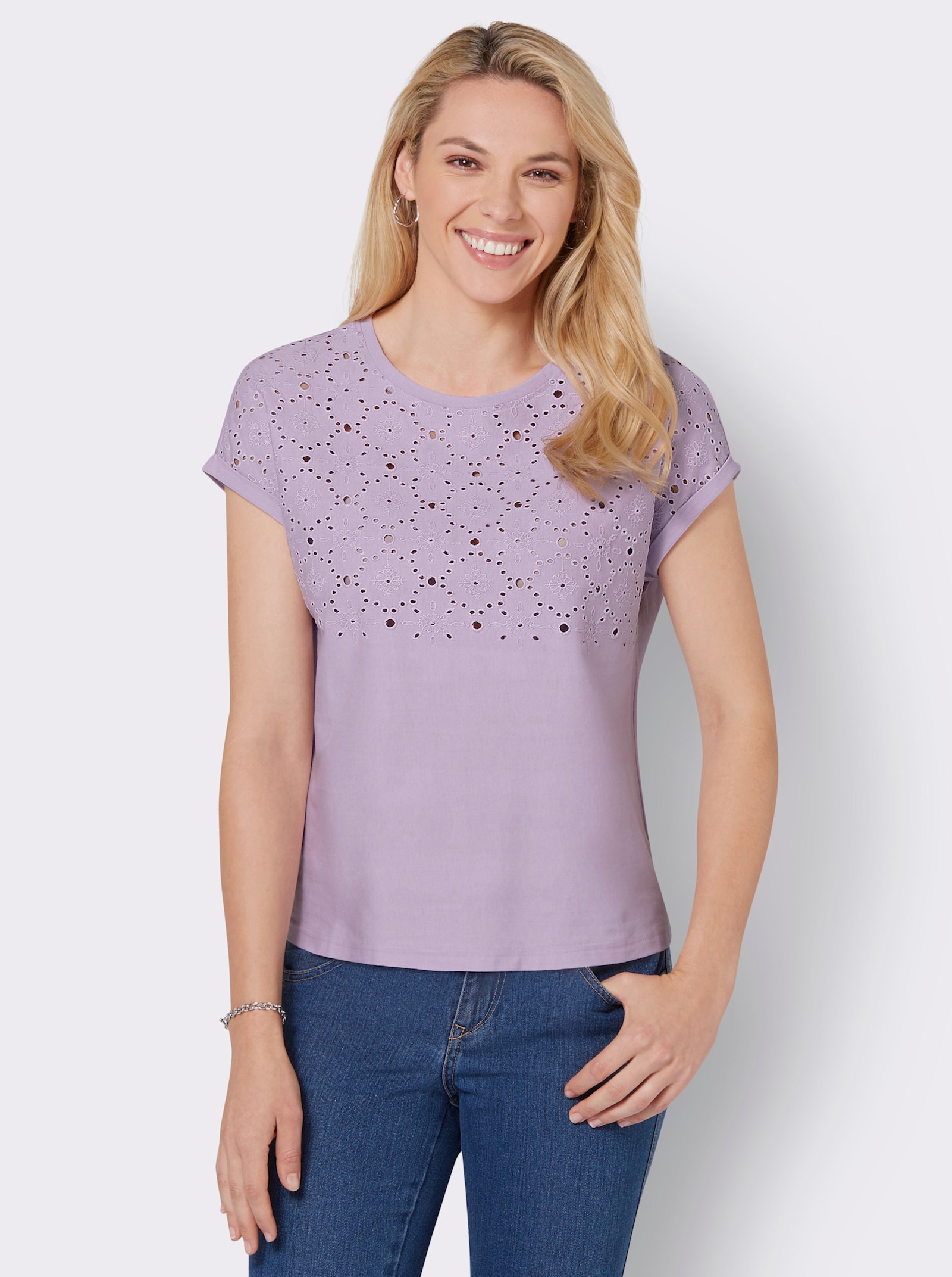 Tričko s kulatým výstřihem s ažurovou výšivkou - šeříková