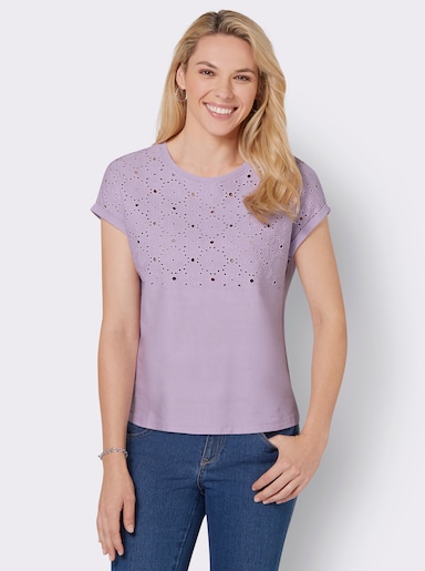 Rundhalsshirt mit Lochstickerei - flieder