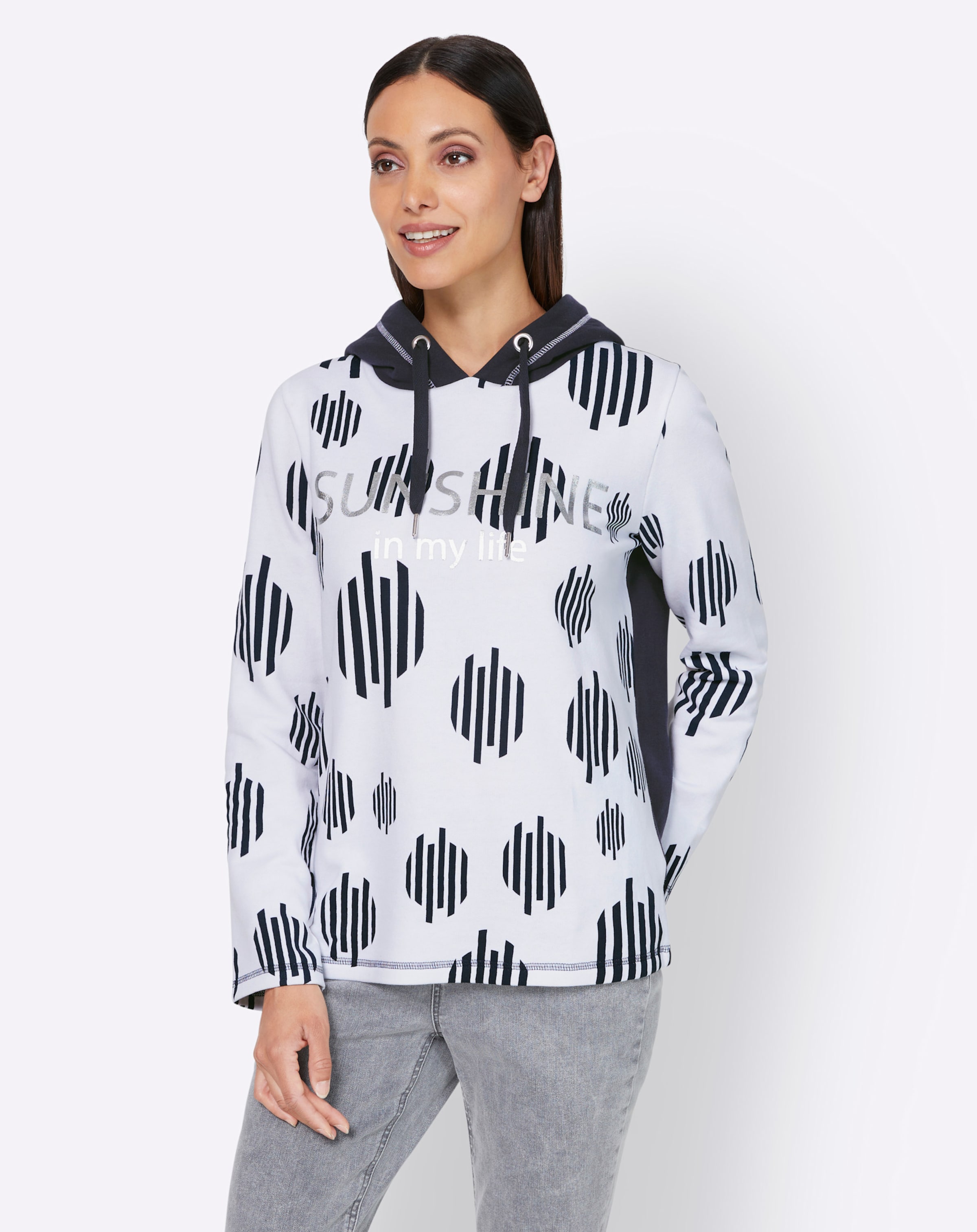 Farbe silber günstig Kaufen-Sweatshirt in marine-ecru-bedruckt von heine. Sweatshirt in marine-ecru-bedruckt von heine <![CDATA[
