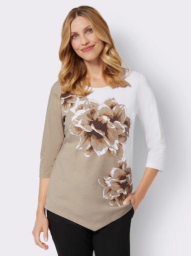 Rundhalsshirt mit Blüten-Druck - weiß-beige-bedruckt