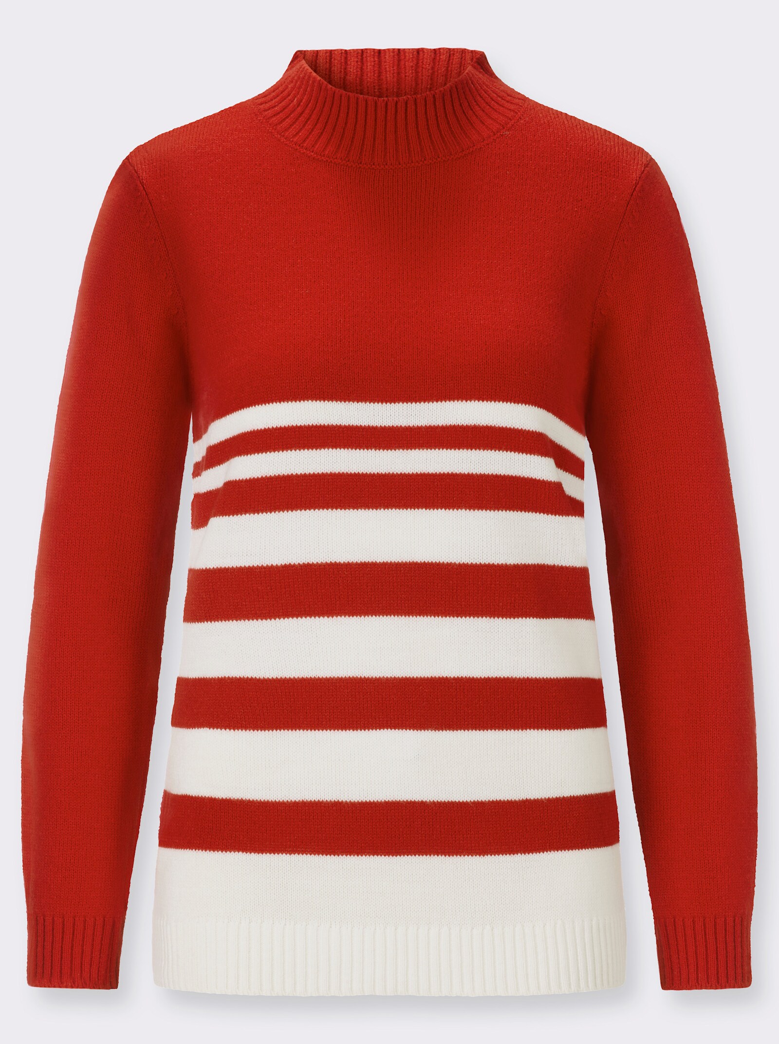 Stehkragenpullover mit Streifenmuster - rot-champagner-geringelt