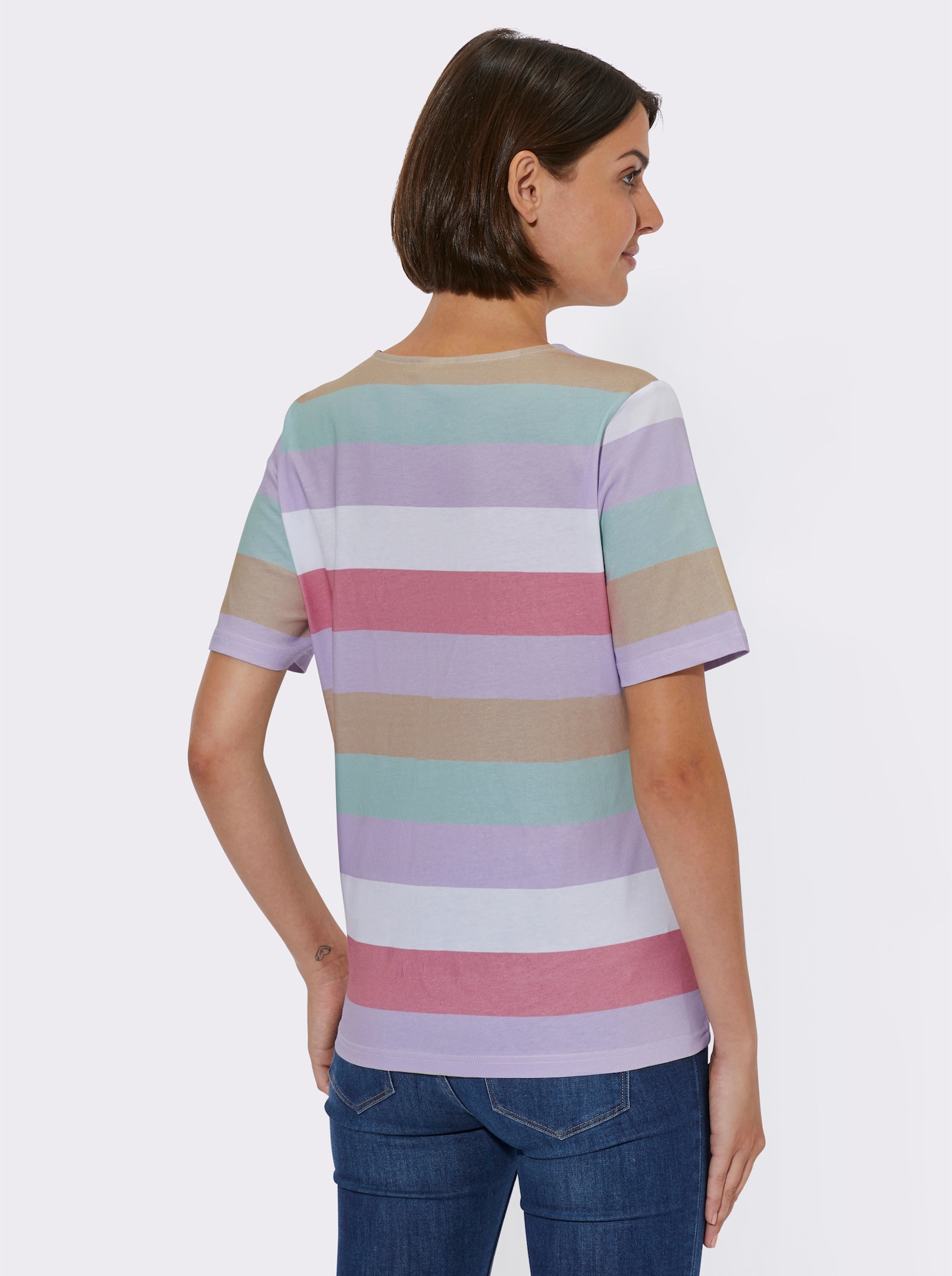 Gestreept shirt met afgeronde V-hals - lila/flamingo gestreept