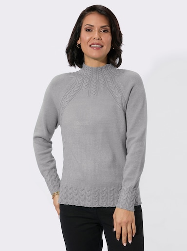 Stehkragenpullover mit Zopfmuster vorn - steingrau-meliert