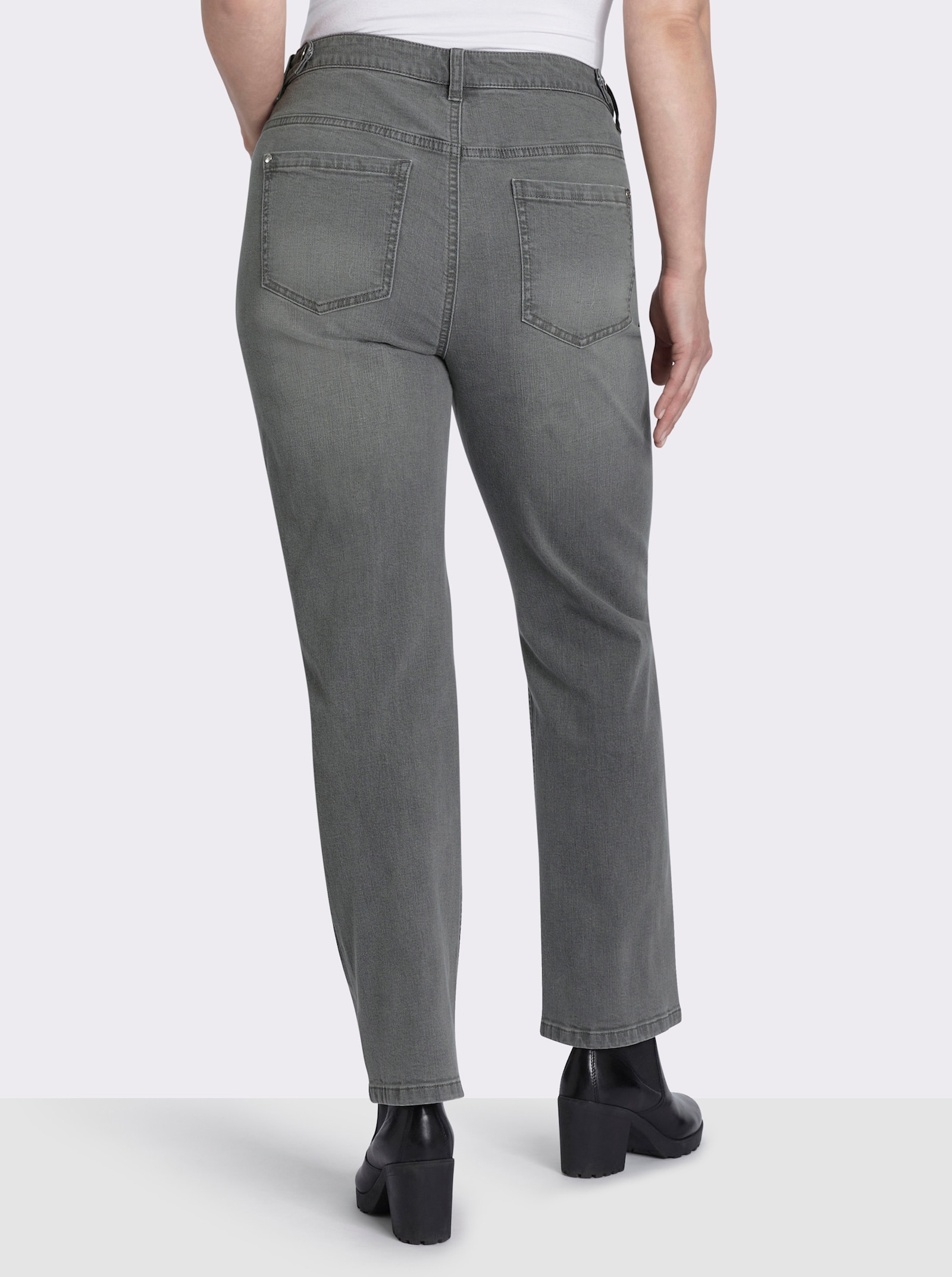 sheego Gerade Jeans mit Deko-Knopf und Riegel am Bund - grey denim
