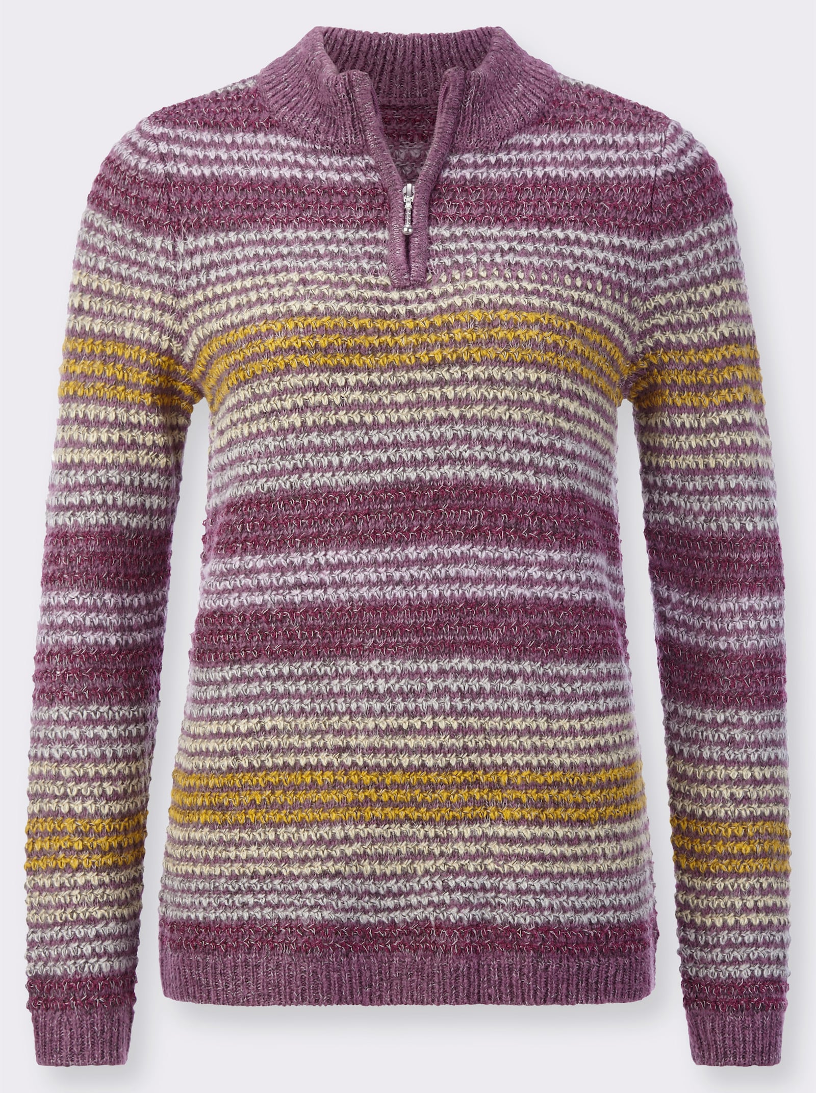 Stehkragenpullover in wärmender Bouclé-Qualität - violett-ocker-geringelt