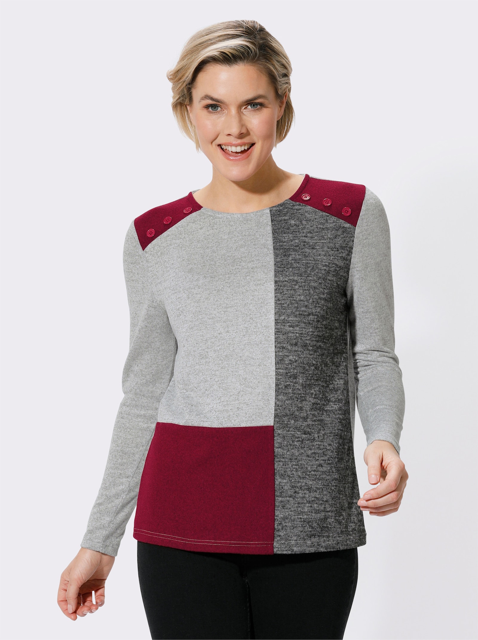 Langarmshirt in leicht angerauter Qualität - grau-rot-gemustert