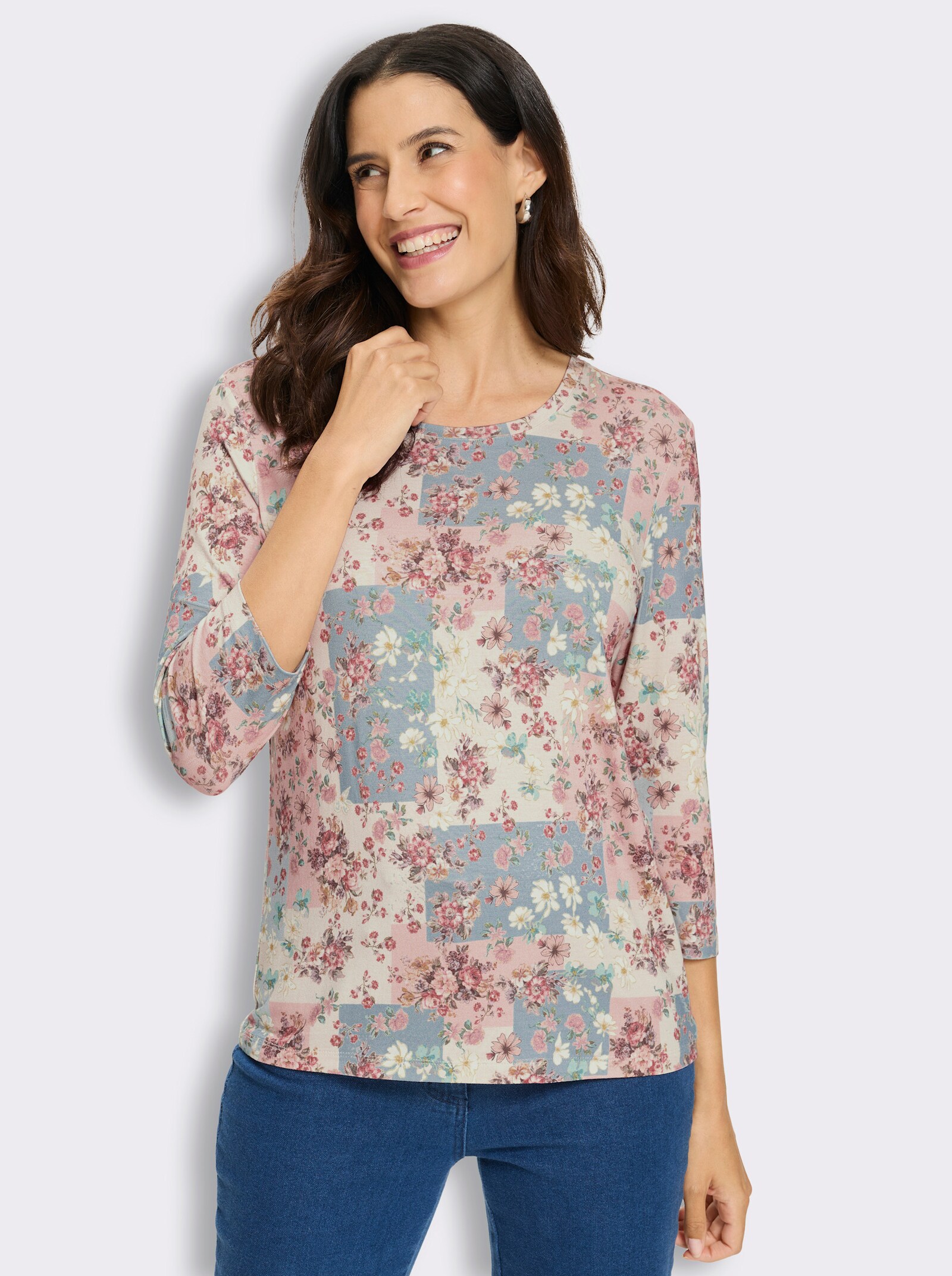 3/4-Arm-Shirt mit Blütendruck in Patch-Optik - champagner-bedruckt