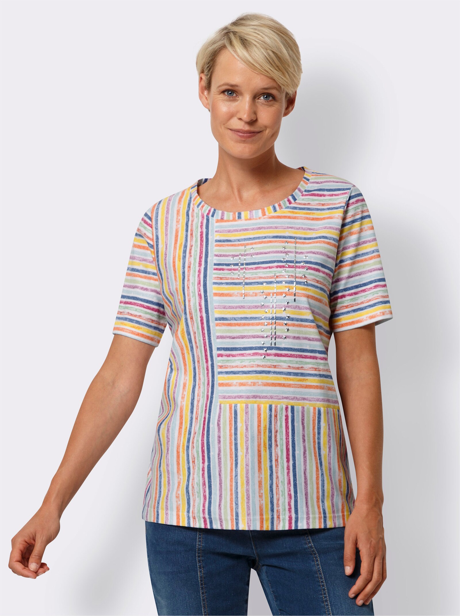 Kurzarmshirt aus reiner Baumwolle, gestreift - weiß-gelb-bedruckt