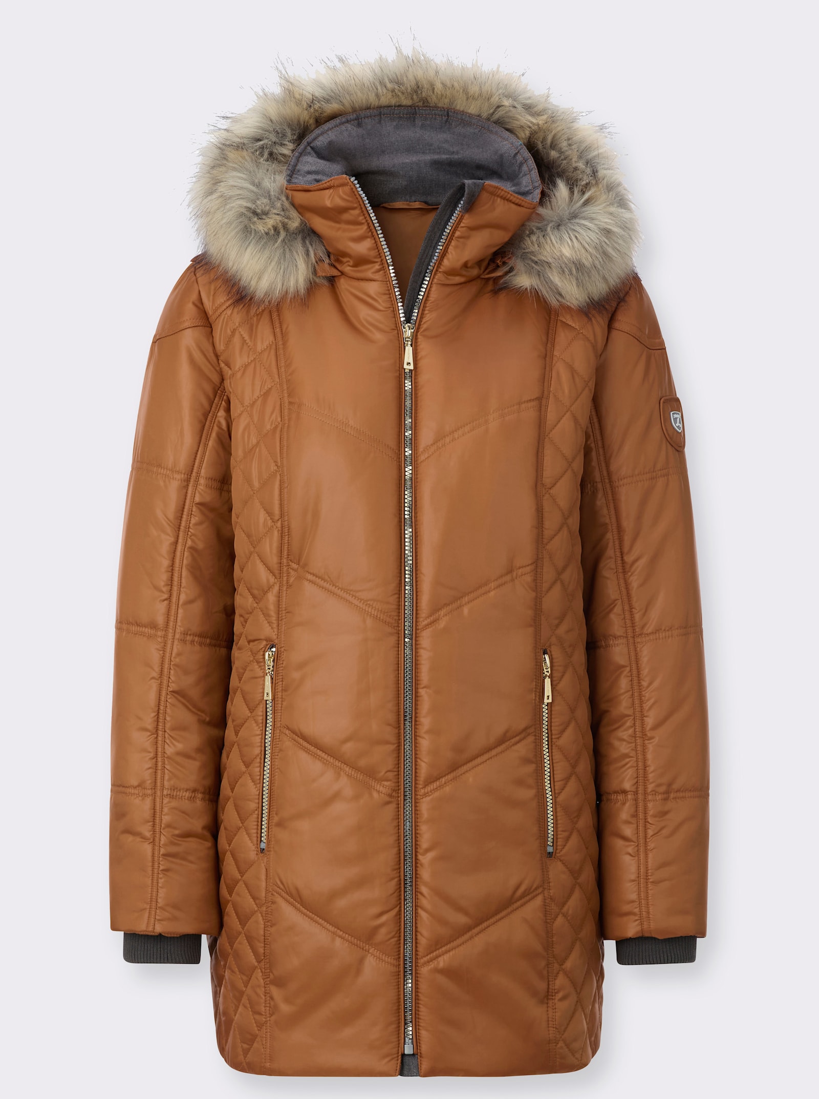 Steppjacke mit Kapuze mit Pelz-Imitat - cognac