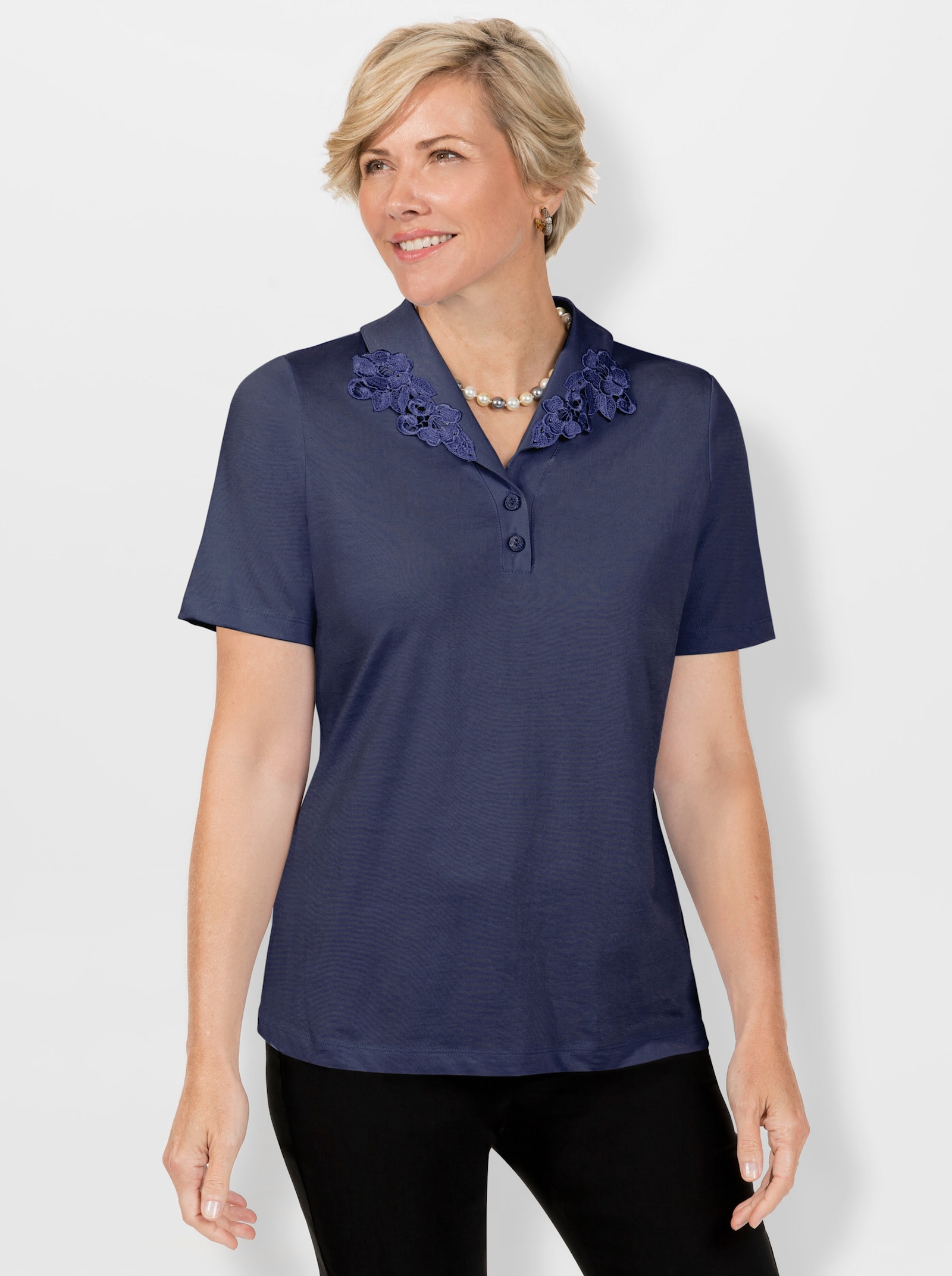 Poloshirt Mit Spitzenverzierung - nachtblau