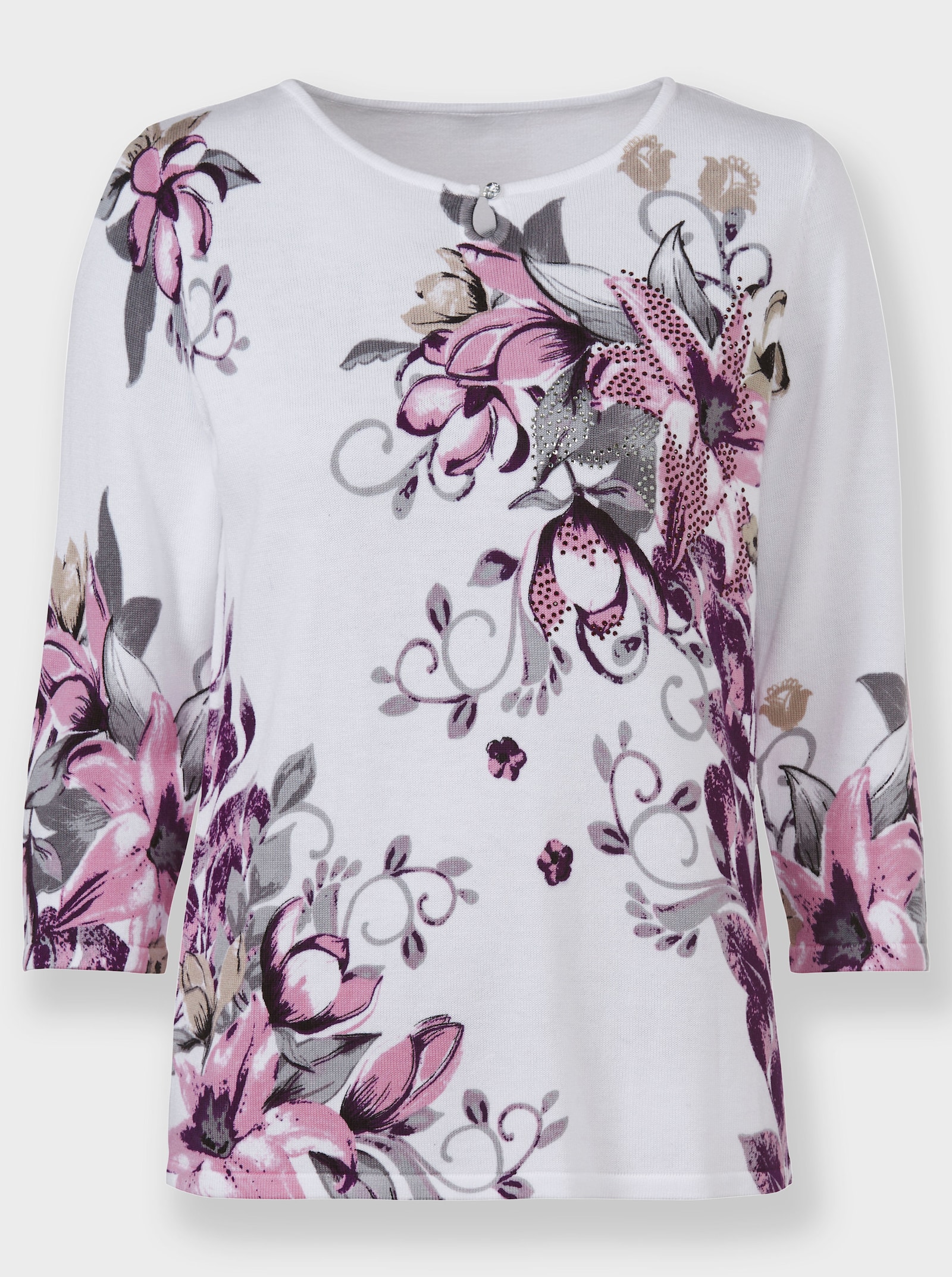 Rundhalspullover mit Glitzersteinchen-Verzierung - ecru-orchidee-bedruckt