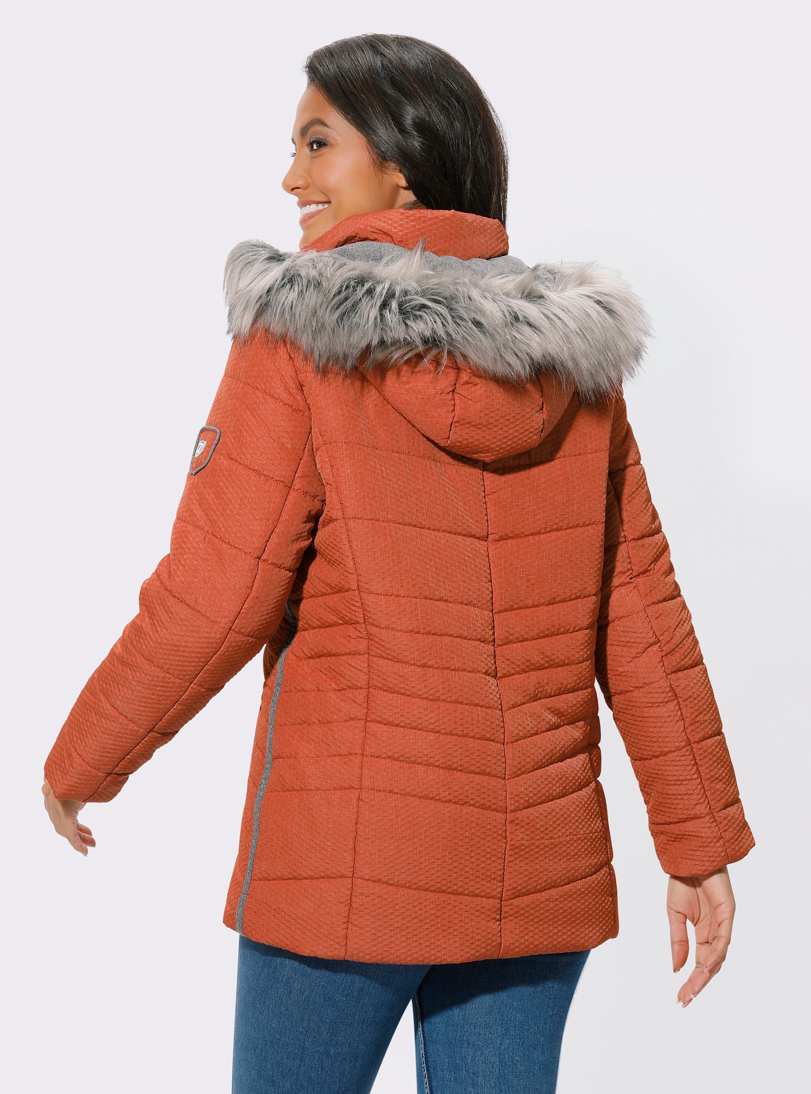 Steppjacke mit abnehmbarem Pelz-Imitat - rostrot