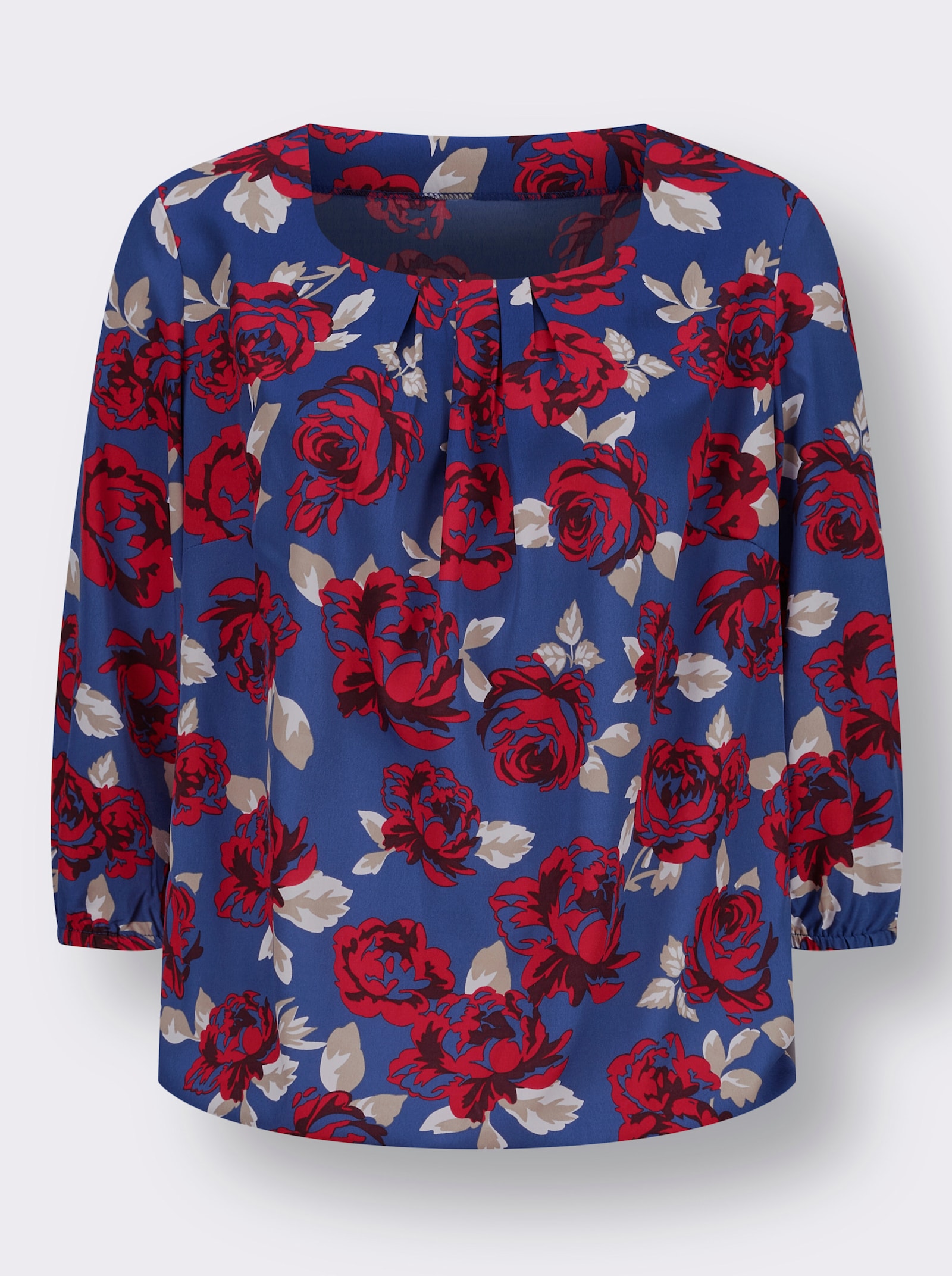 Navlékací halenka s květinovým potiskem - královská modrá-červená-potisk