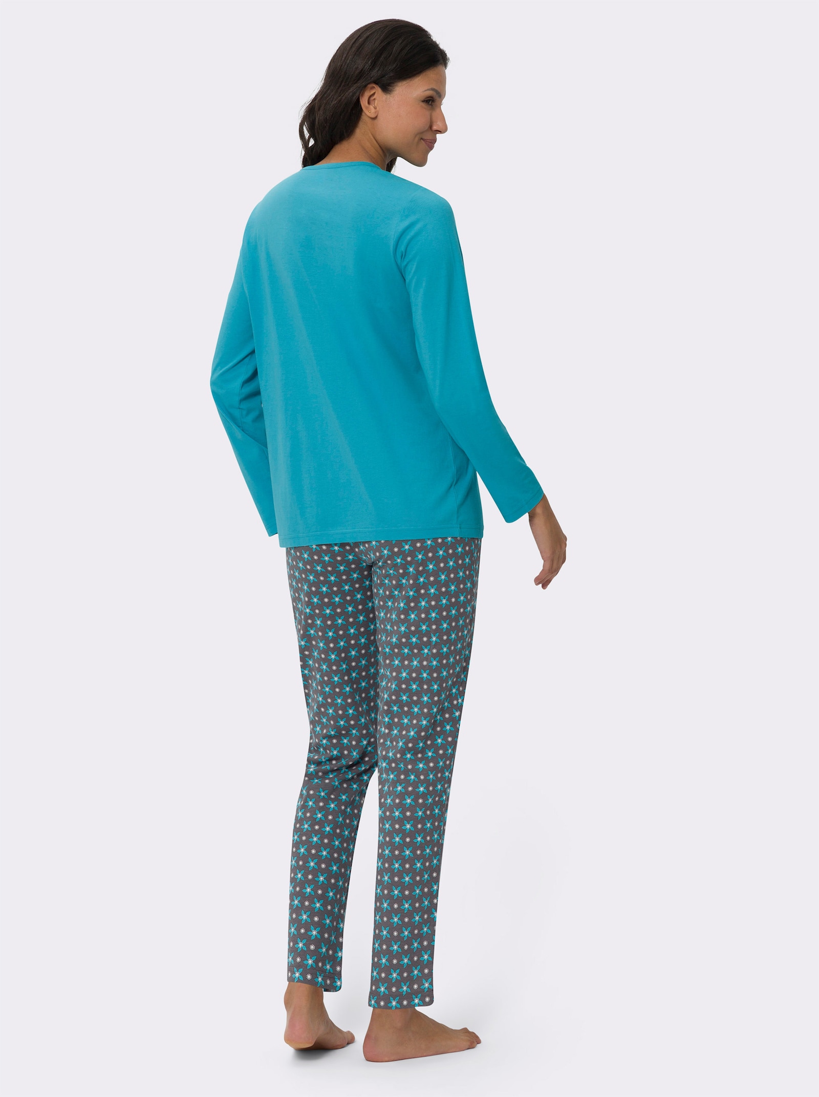 Schlafanzug mit floralem Druck - türkis-anthrazit-bedruckt