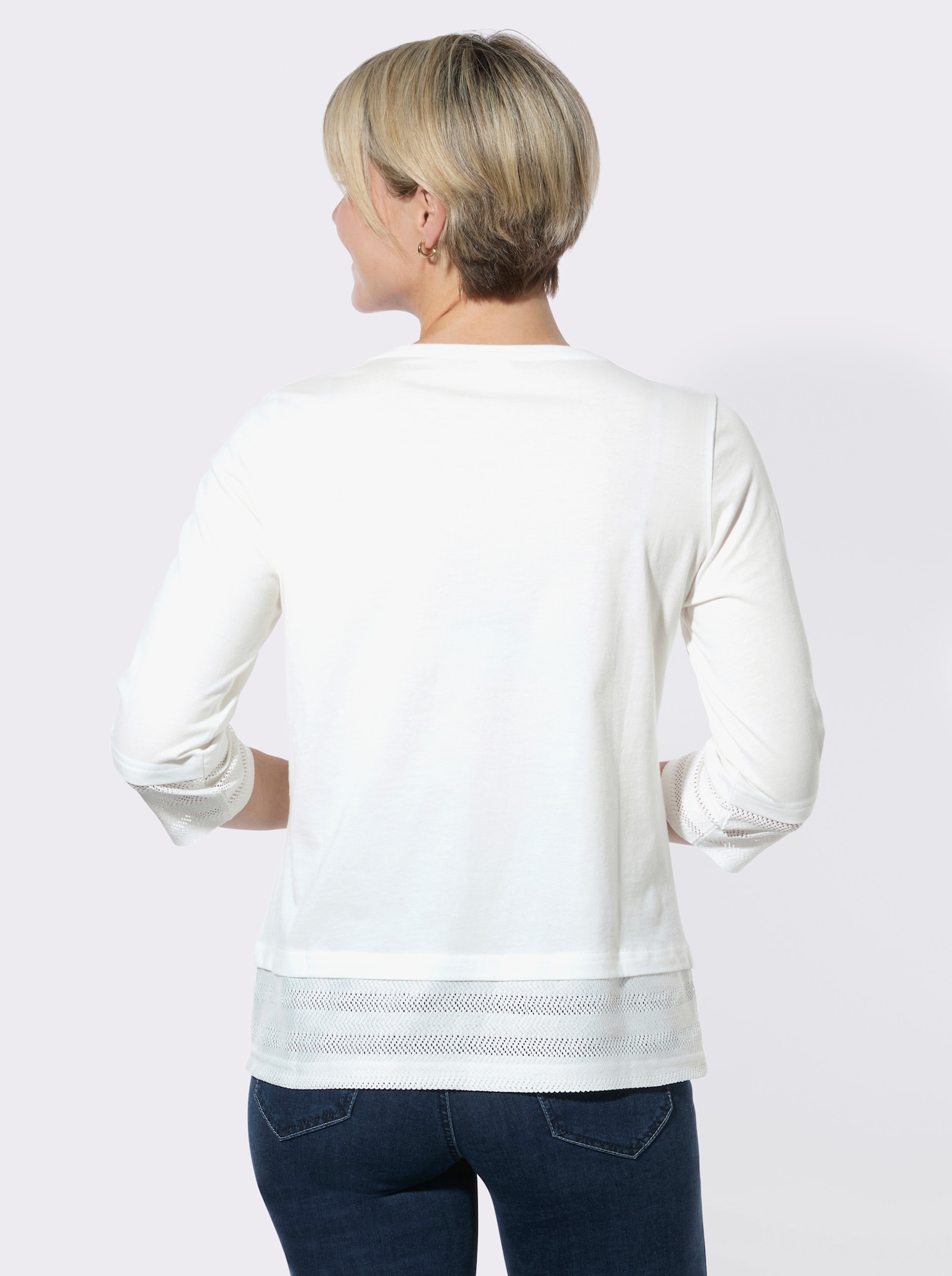 Rundhalsshirt mit Netzeinsätzen - ecru