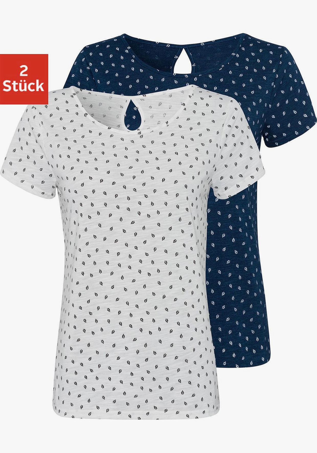 LASCANA T-Shirt - 1x navy-gemustert + 1x weiß-gemustert
