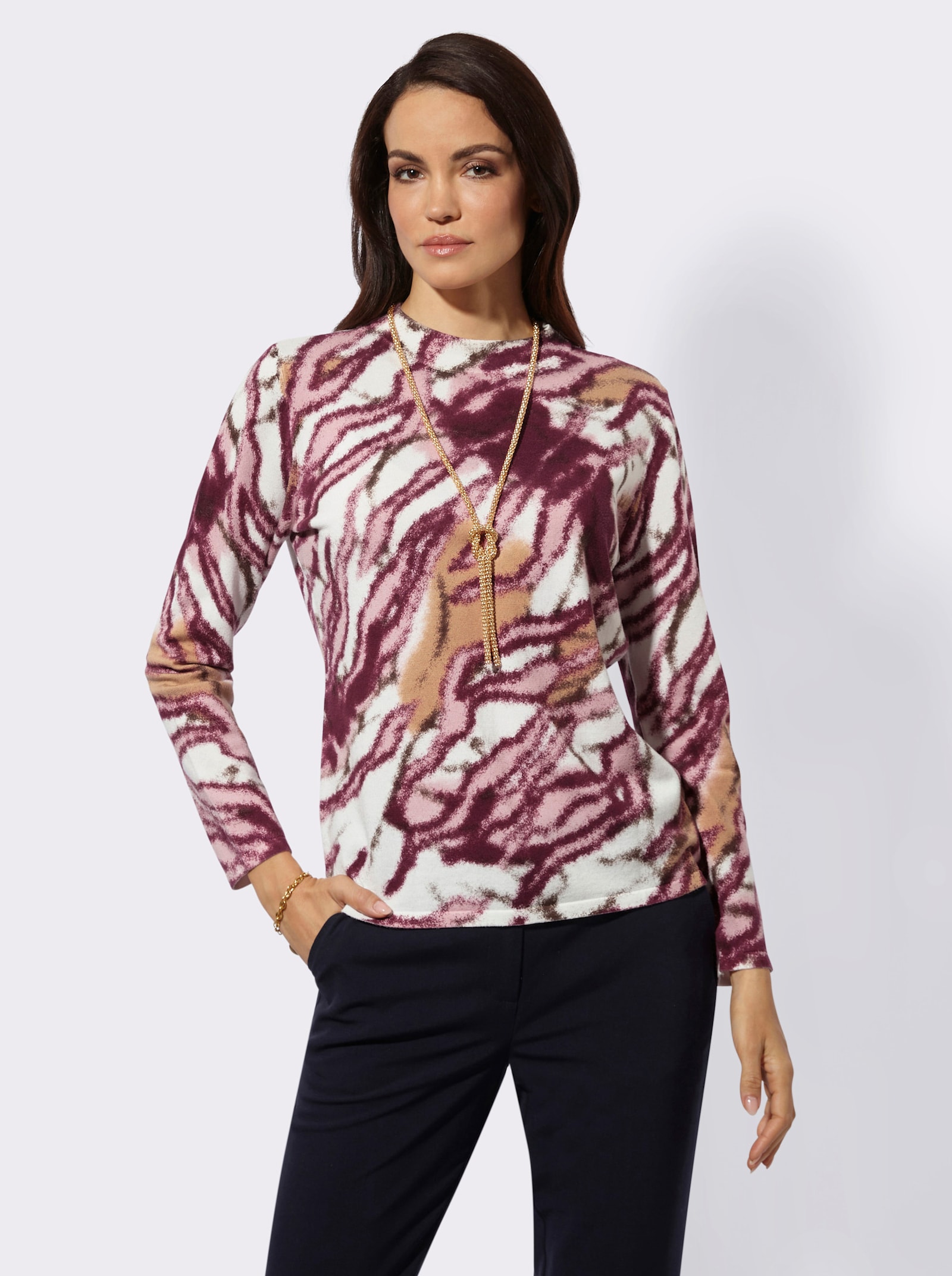 Langarm-Pullover mit Stehkragen - ecru-bordeaux-bedruckt