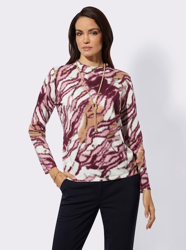 Langarm-Pullover mit Stehkragen - ecru-bordeaux-bedruckt