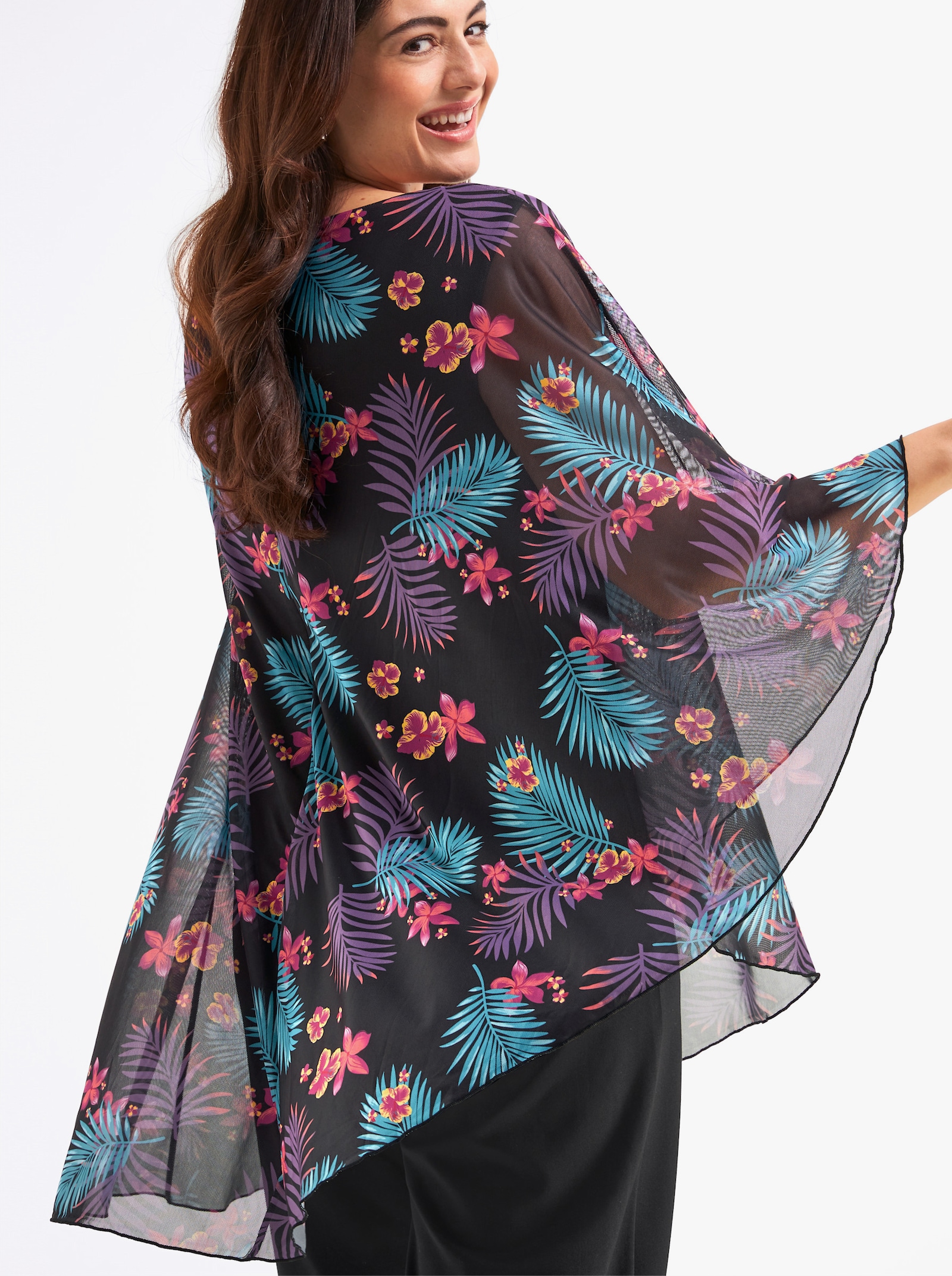 sheego Jumpsuit mit asymmetrischem Cape - schwarz-erdbeere-bedruckt