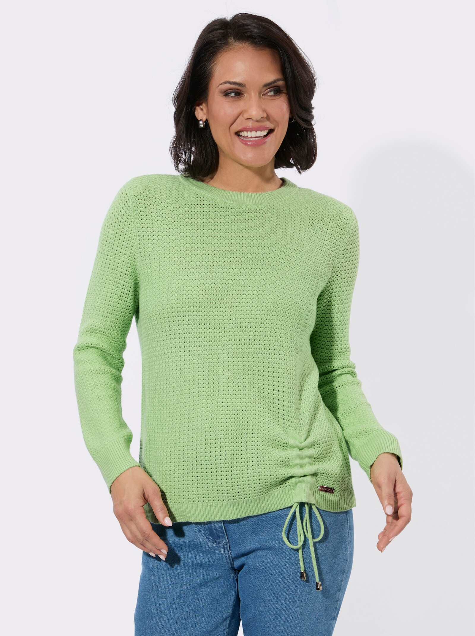 Rundhalspullover mit Schnürung am Saum - reseda