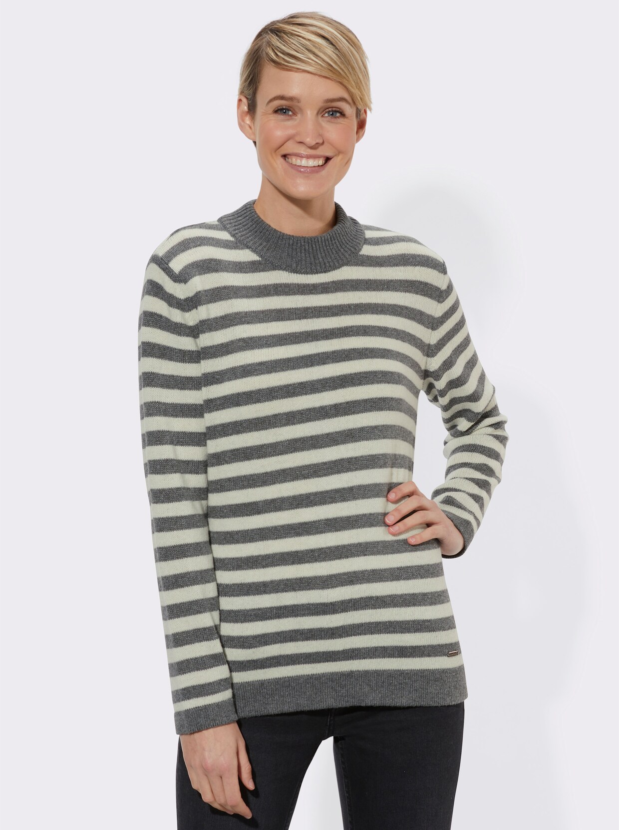 Stehkragenpullover - grau-gestreift