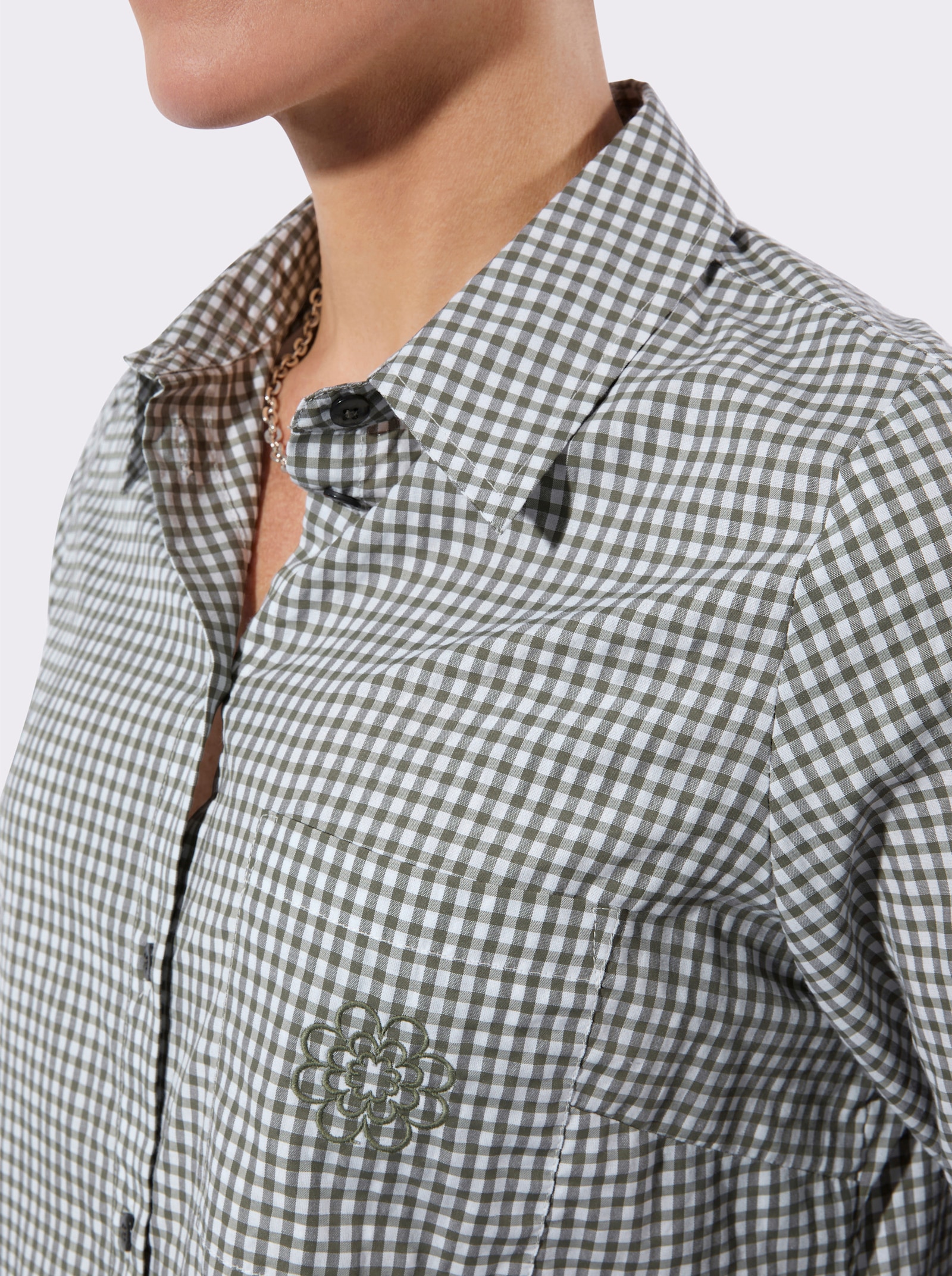 Longbluse im pflegeleichten Materialmix - khaki-weiss-kariert