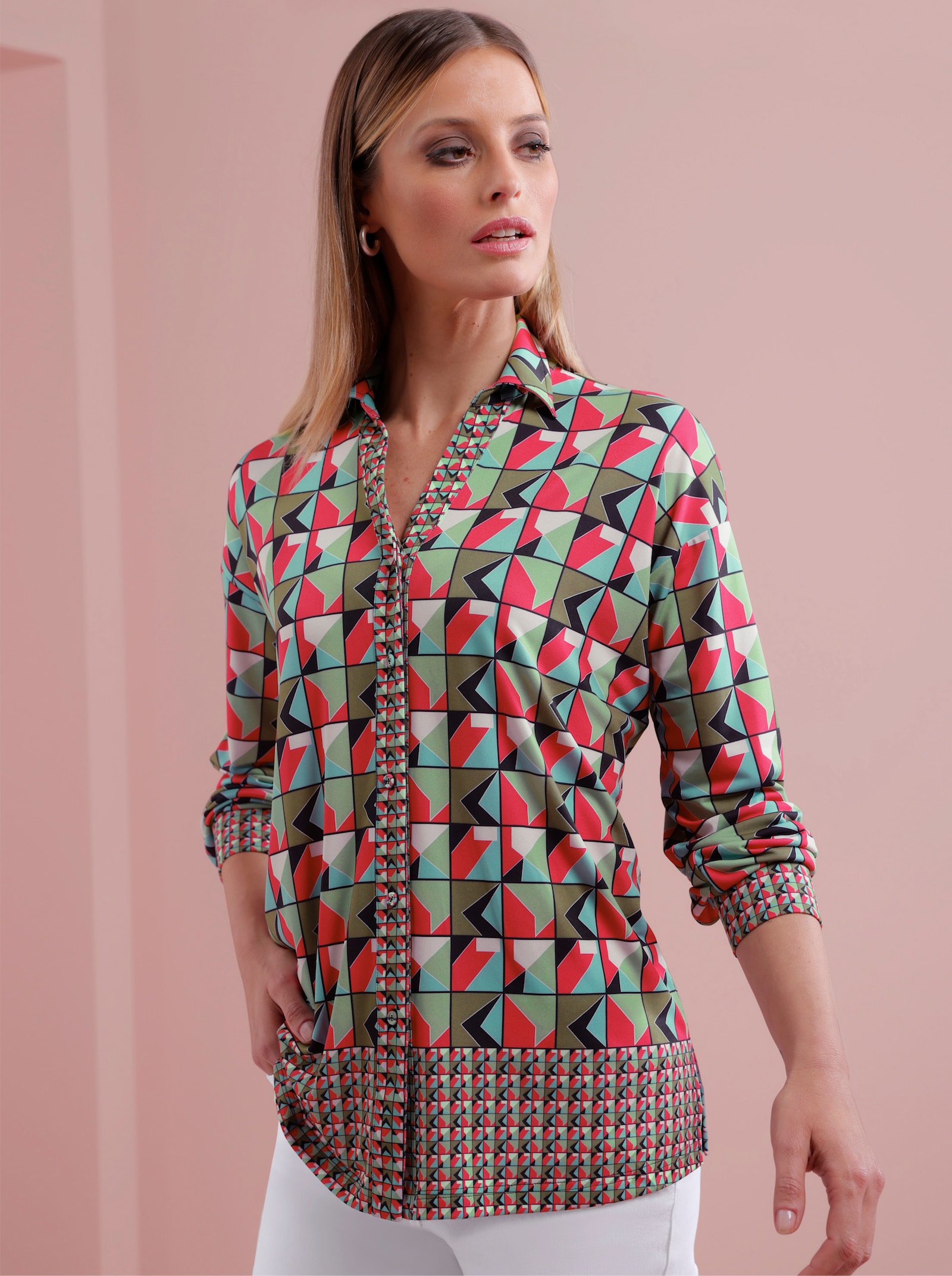 heine Blusenshirt mit leichtem Glanz - pink-schwarz-bedruckt