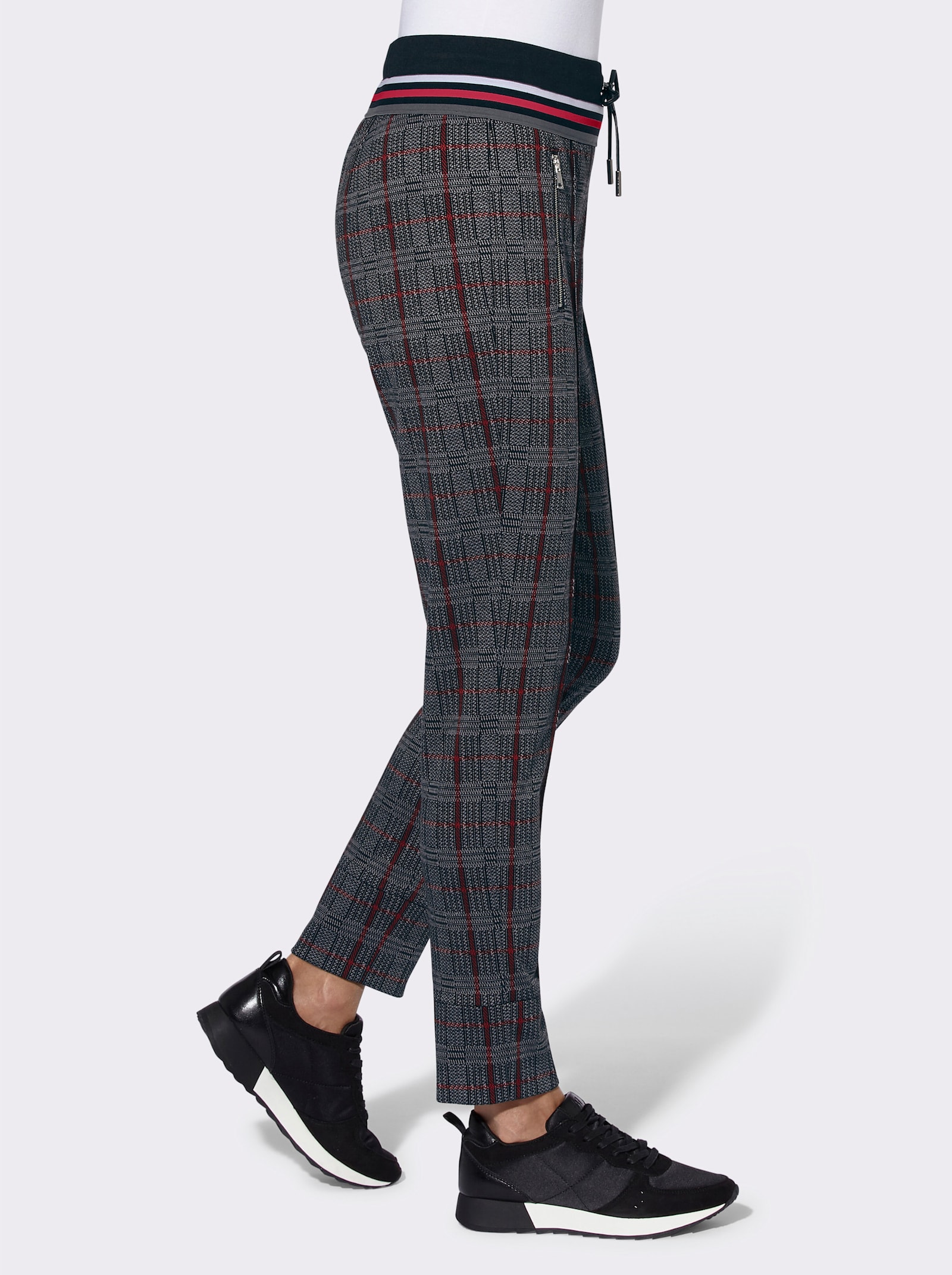 Jerseyhose im Joggpant-Stil, knöchellang - steingrau-rot-kariert