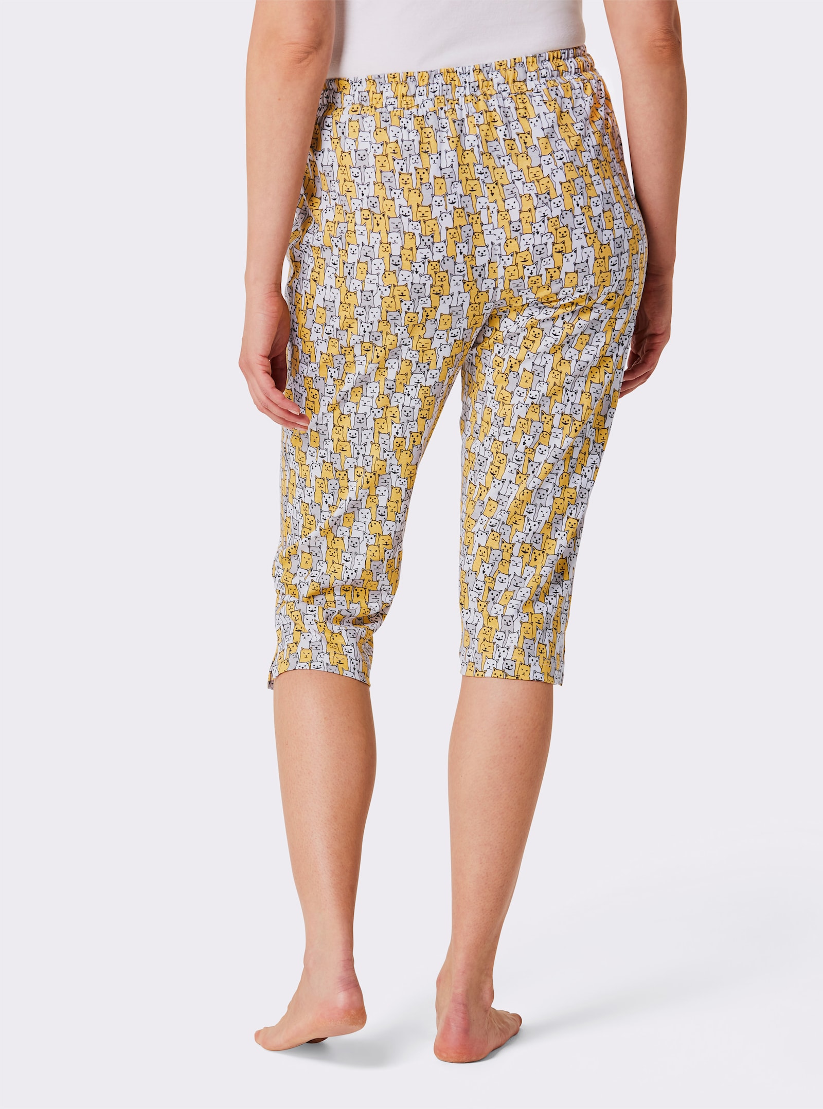 wäschepur Capribroek met kattendessin - wit/geel bedrukt