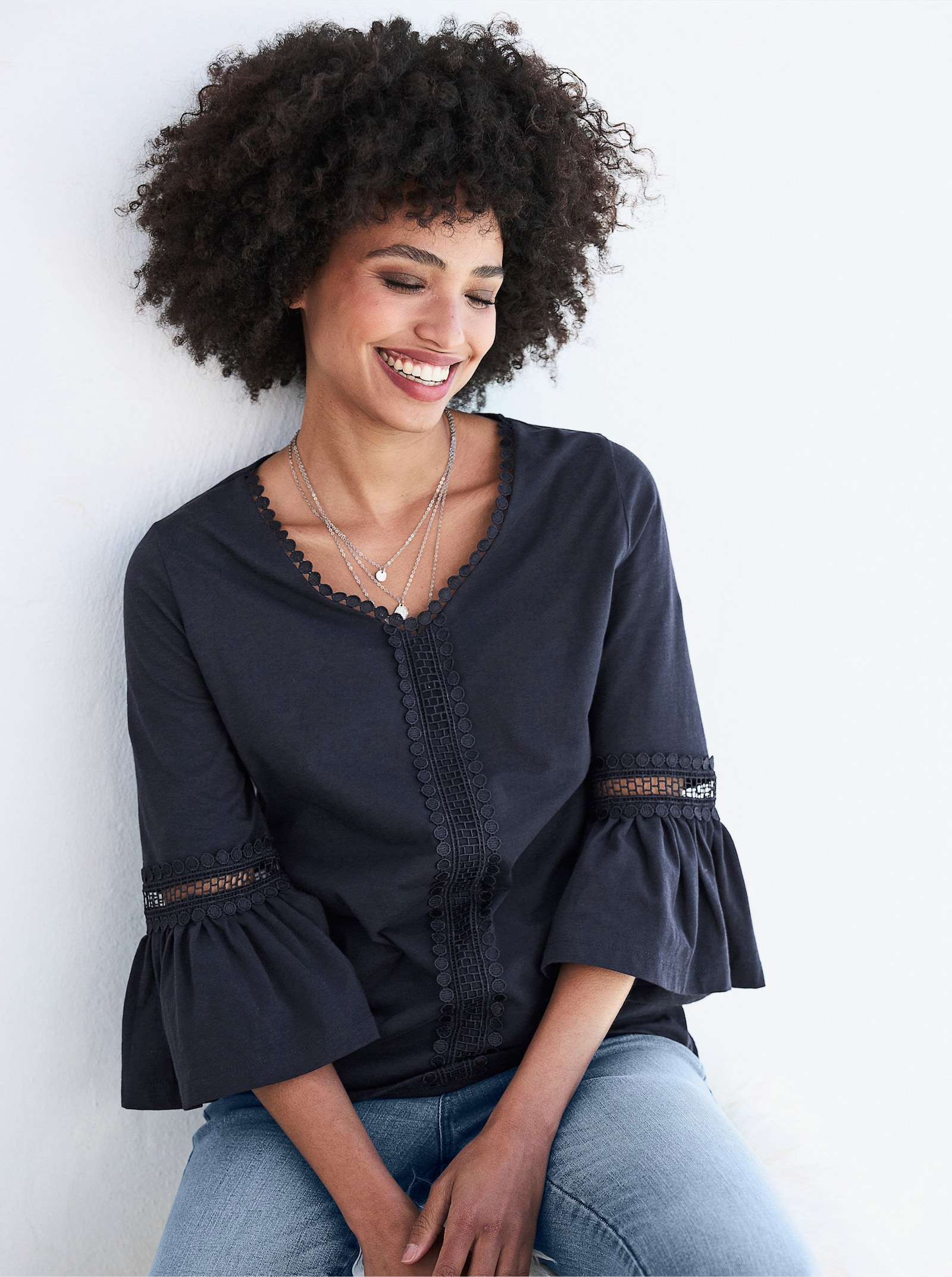 heine 3/4-Arm-Shirt mit Volants und Spitze - marine