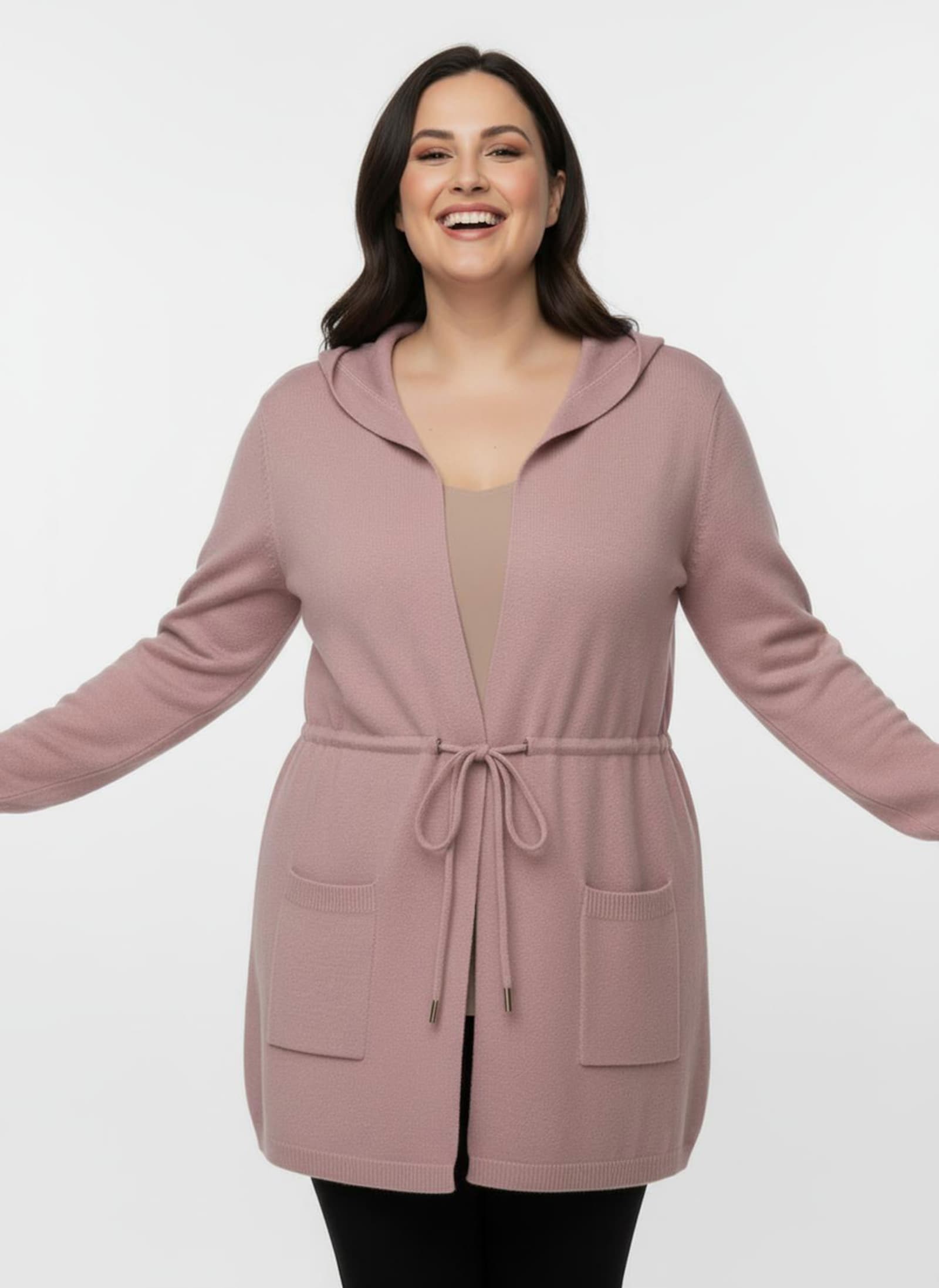 Kapuzenstrickjacke mit Tunnelzug in der Taille - hortensie