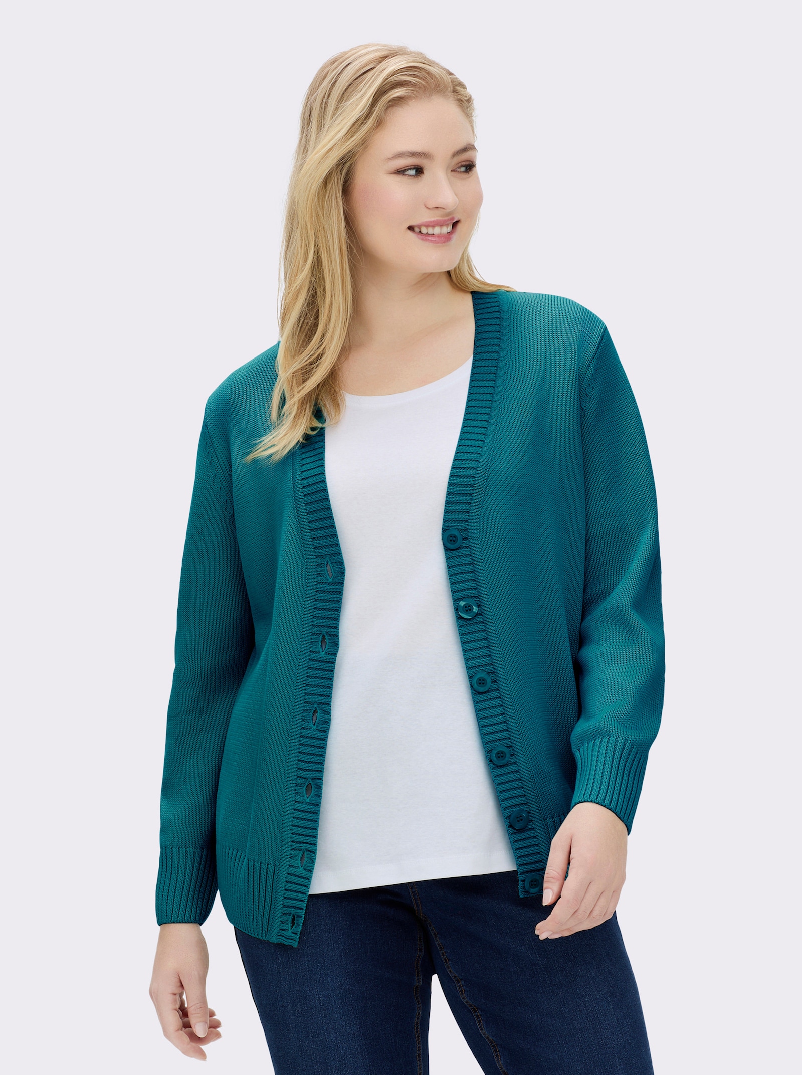 Strickjacke mit farblich abgestimmten Knöpfen - petrol