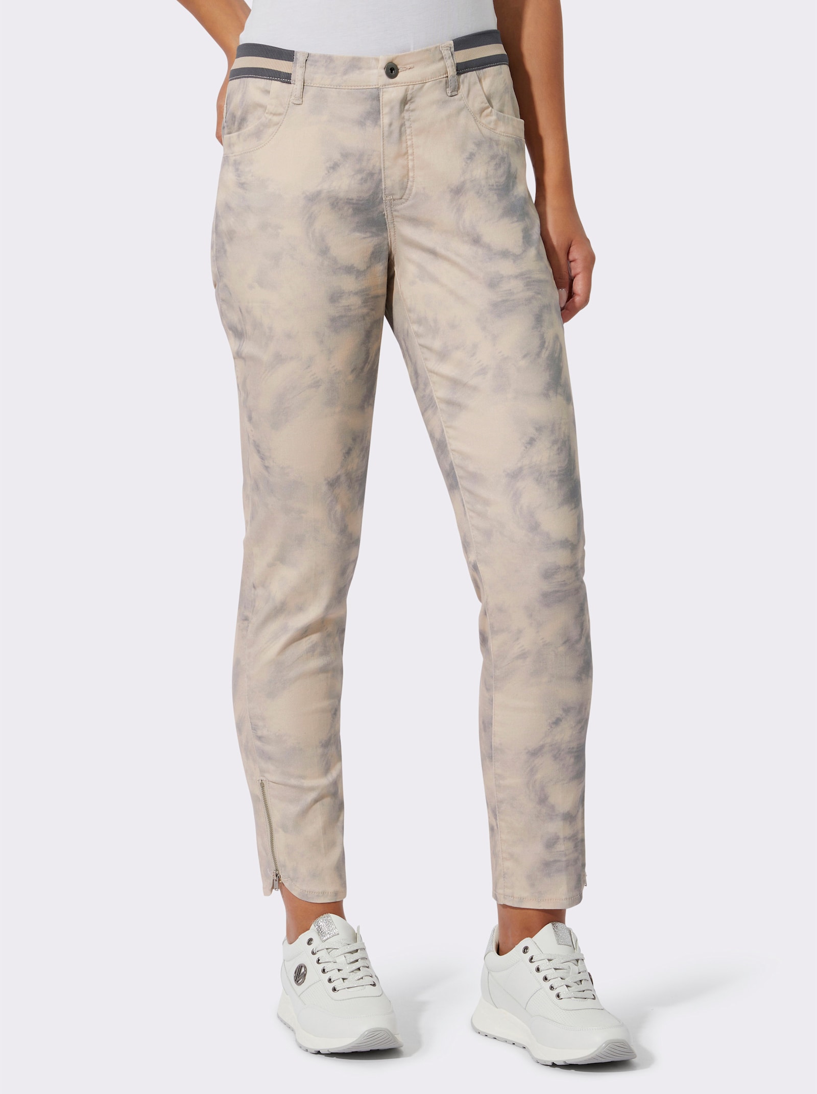 Druckhose in Batik-Optik - elfenbein-steingrau-bedruckt