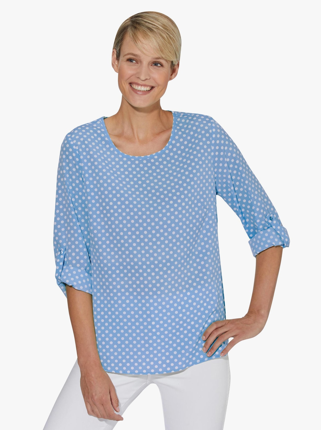 Comfortabele blouse - hemelsblauw/wit gestippeld