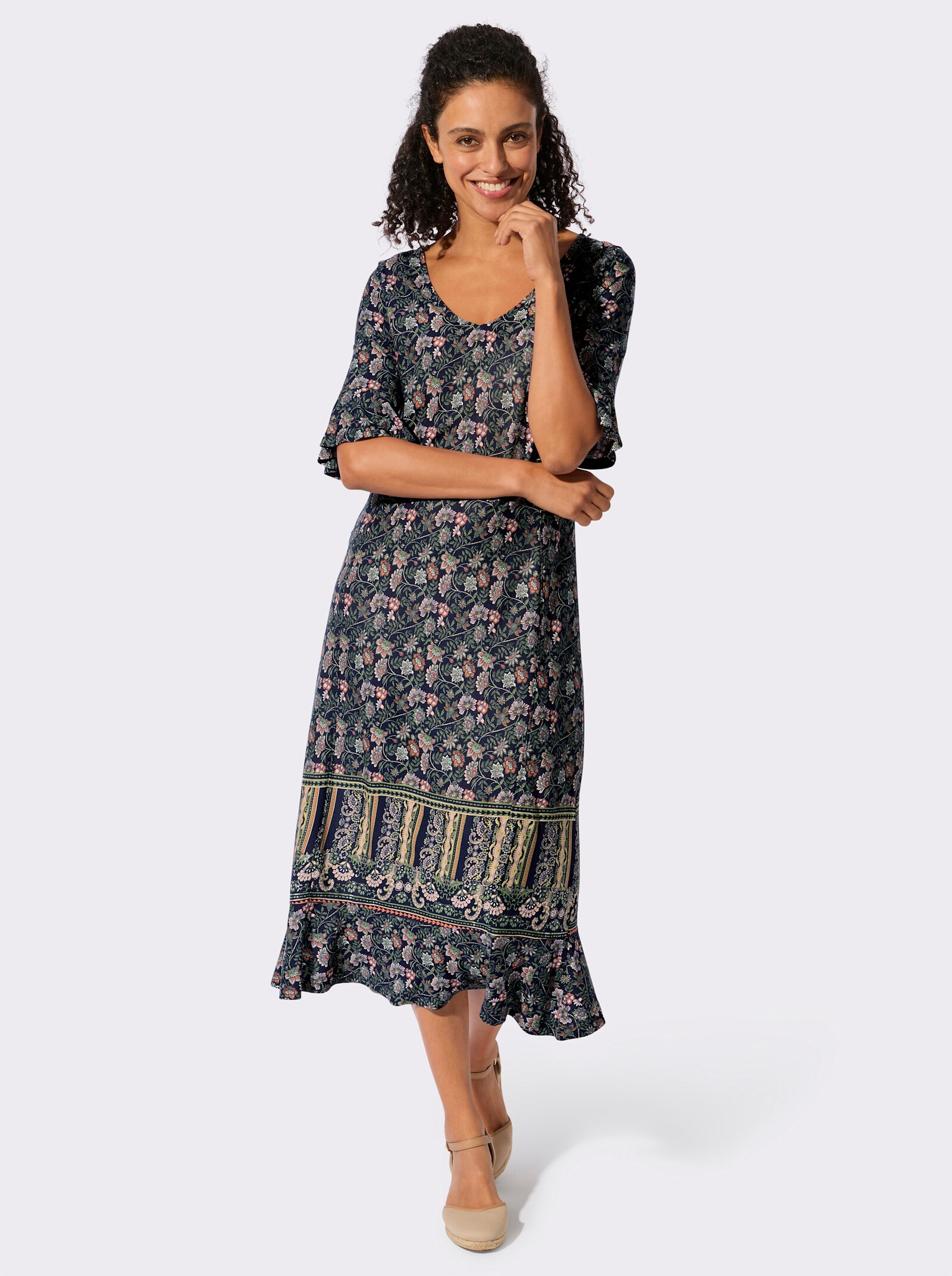 Jerseykleid mit Volants - marine-eucalyptus-bedruckt