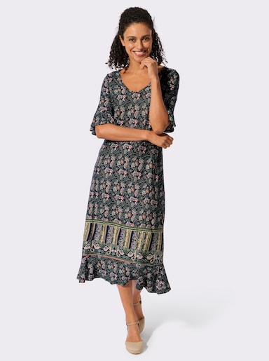 Jerseykleid mit Volants - marine-eucalyptus-bedruckt