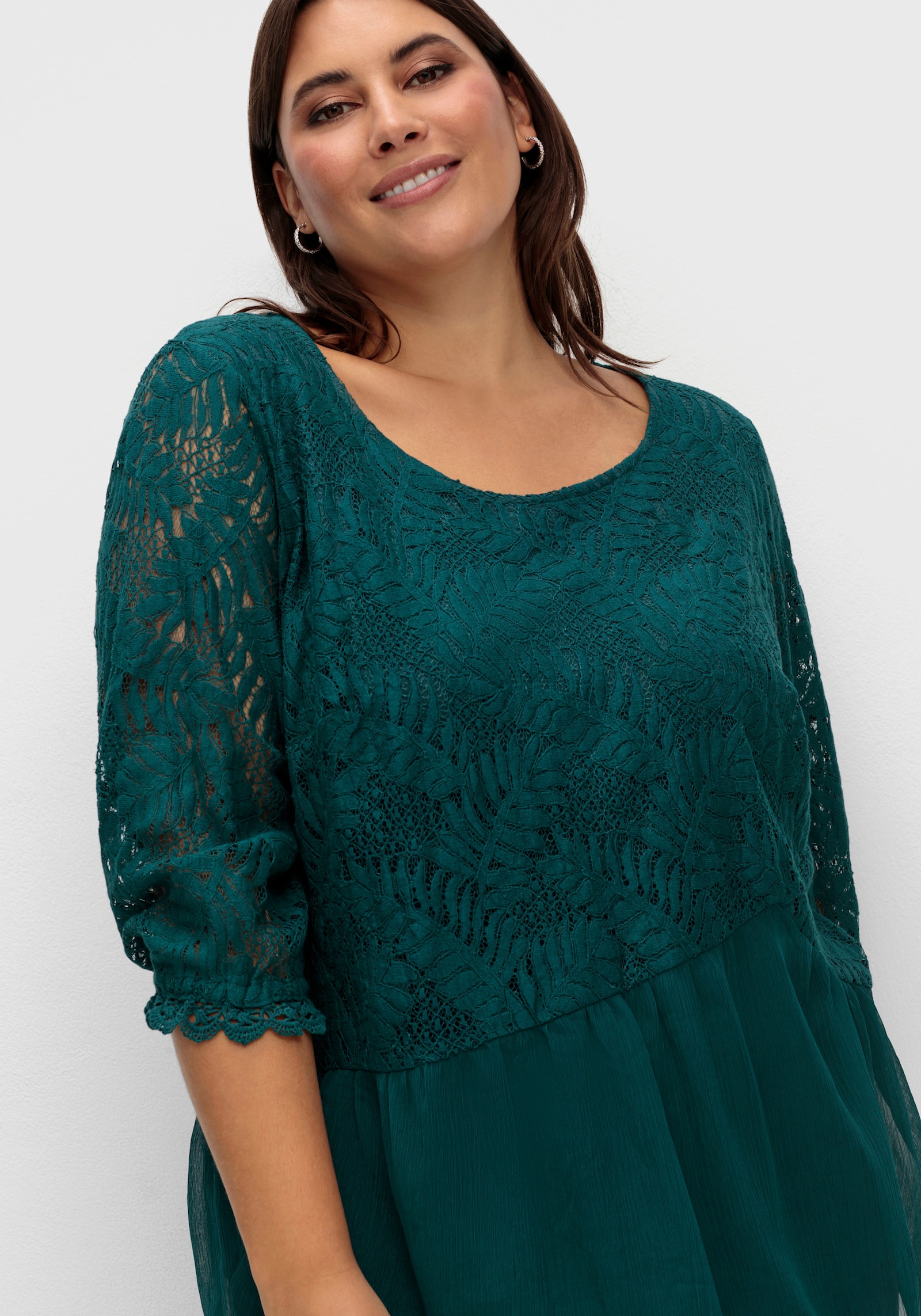 Chiffonbluse mit Baumwoll-Spitze - petrol