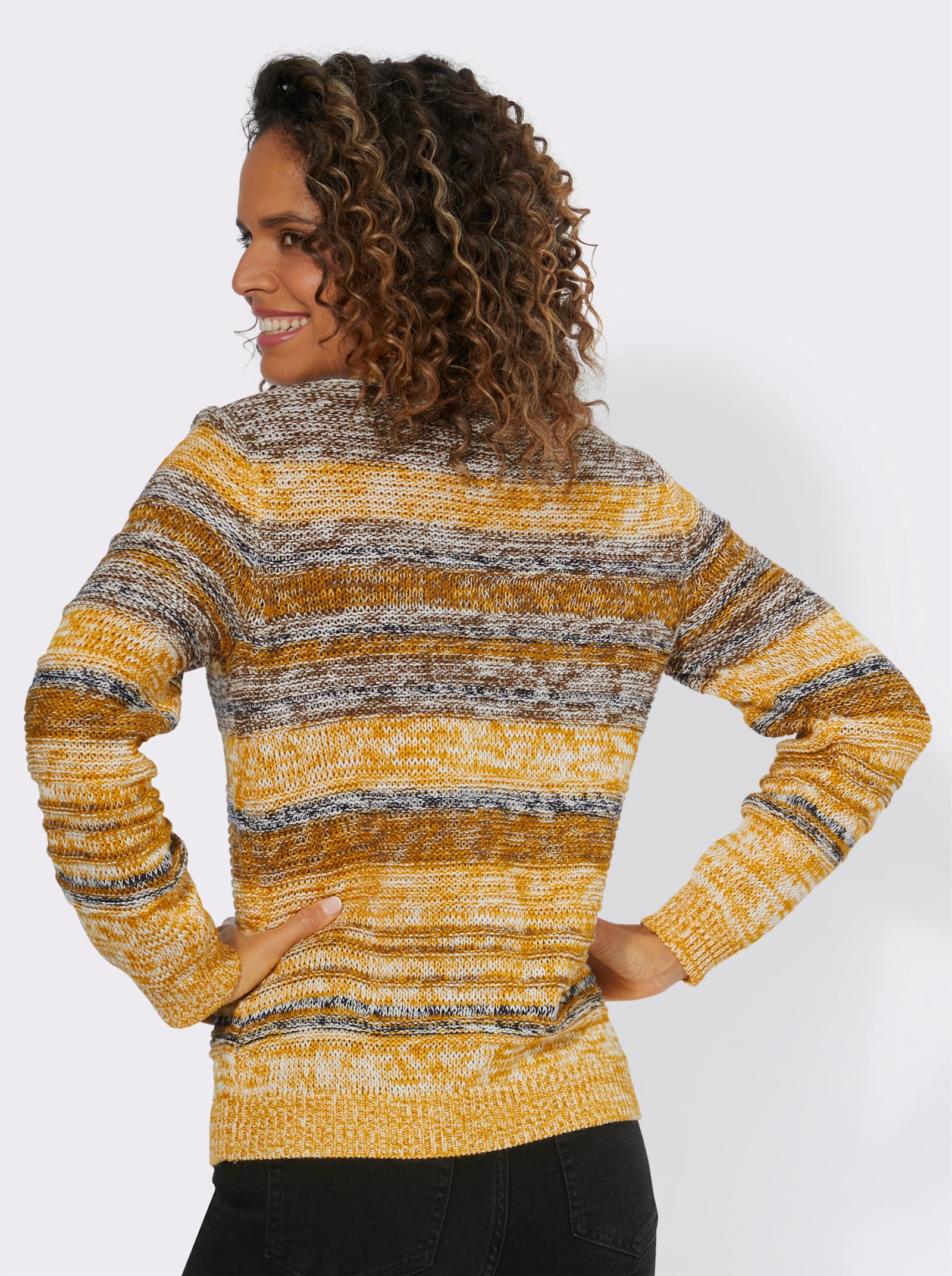 Langarm-Pullover mit Strickstruktur - ocker-braun-meliert