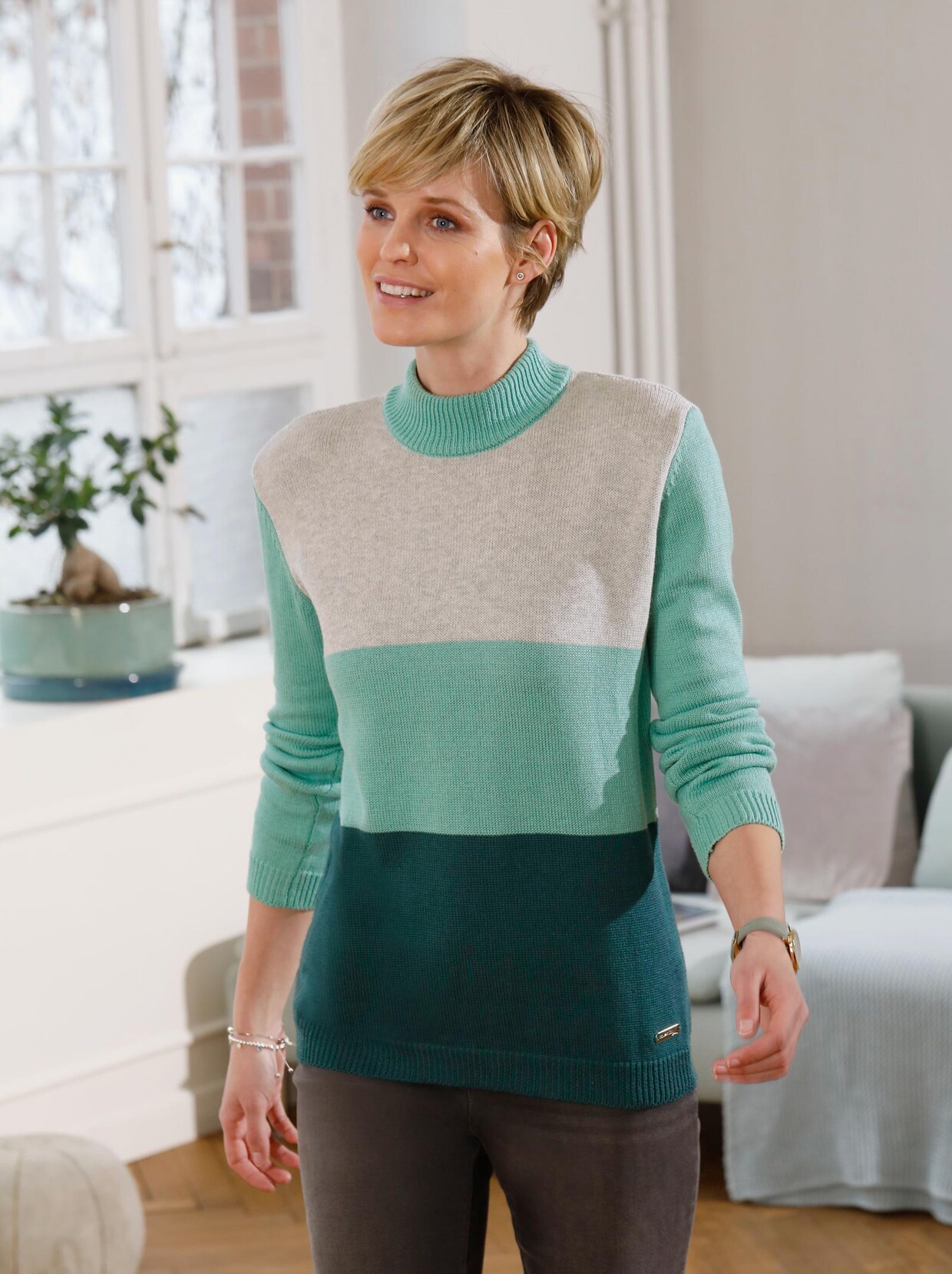 Stehkragenpullover - salbei-petrol-gemustert