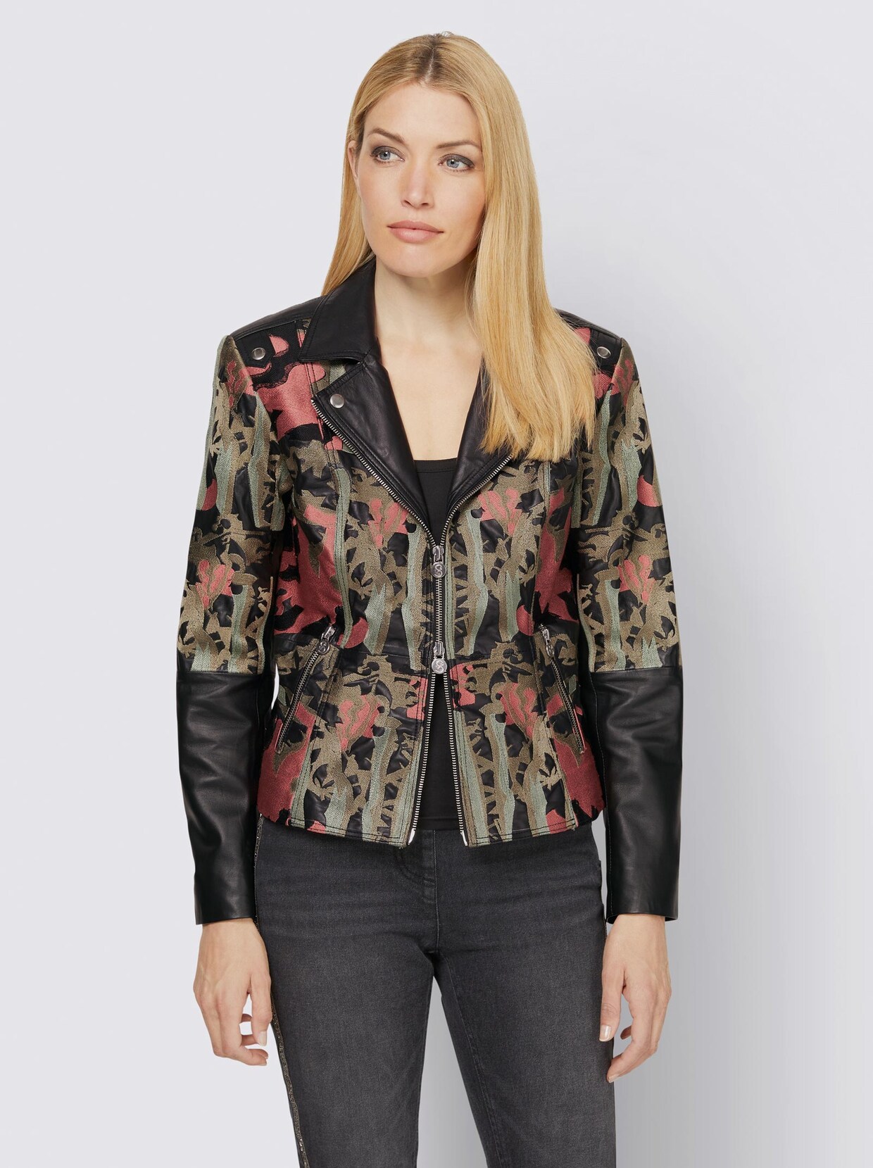 Rick Cardona Leder-Jacke - schwarz-kupferfarben-bedruckt