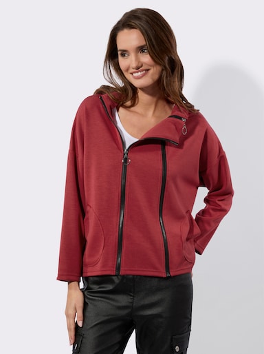 Sweatjacke mit 2 Kontrast-Reißverschlüssen - kirsche