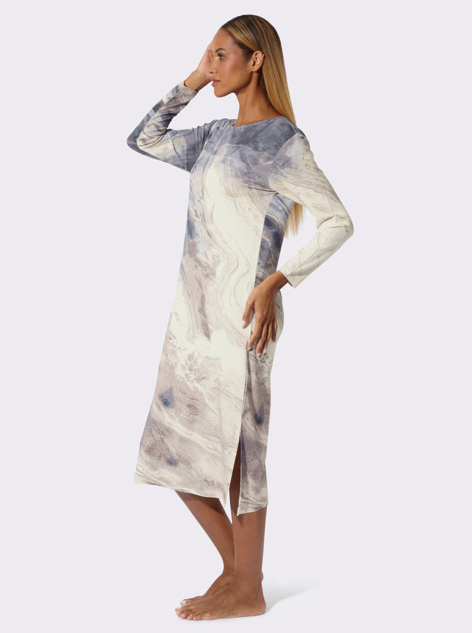 wäschepur Nachthemd mit Seitenschlitzen - champagner-rauchblau-bedruckt