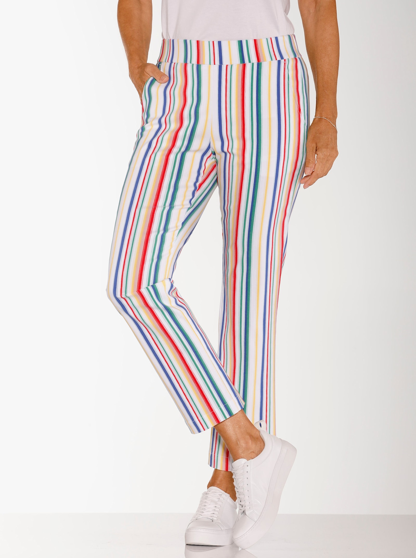 Stretch-Hose in knöchelfreier Form - gelb-royalblau-gestreift