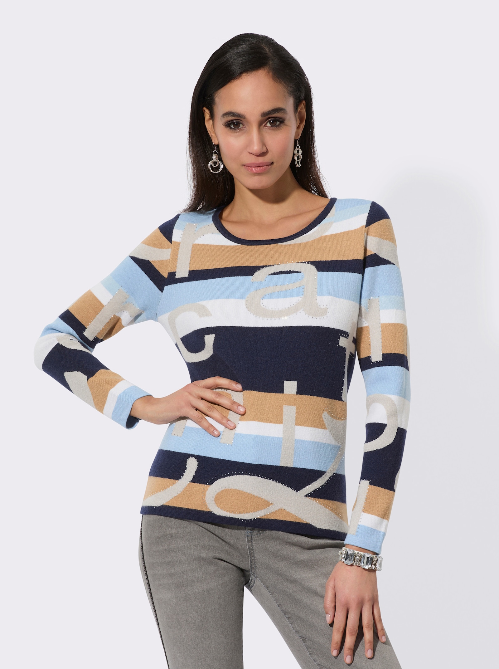  Langarm-Pullover mit Glitzersteinchen - marine-ecru