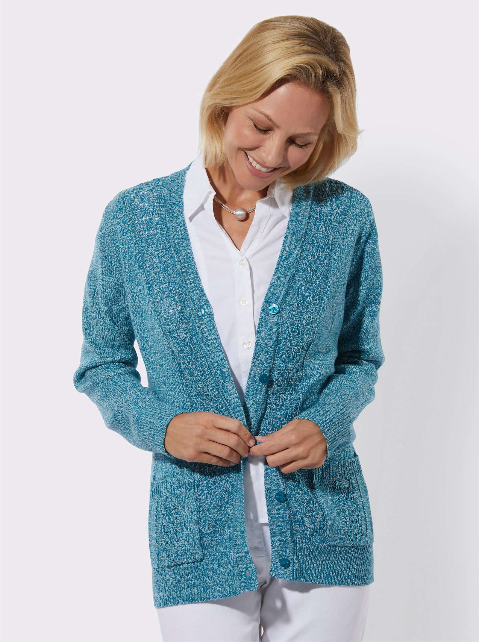 Vest van fluweelzacht materiaal - aquapetrol/ecru gemêleerd