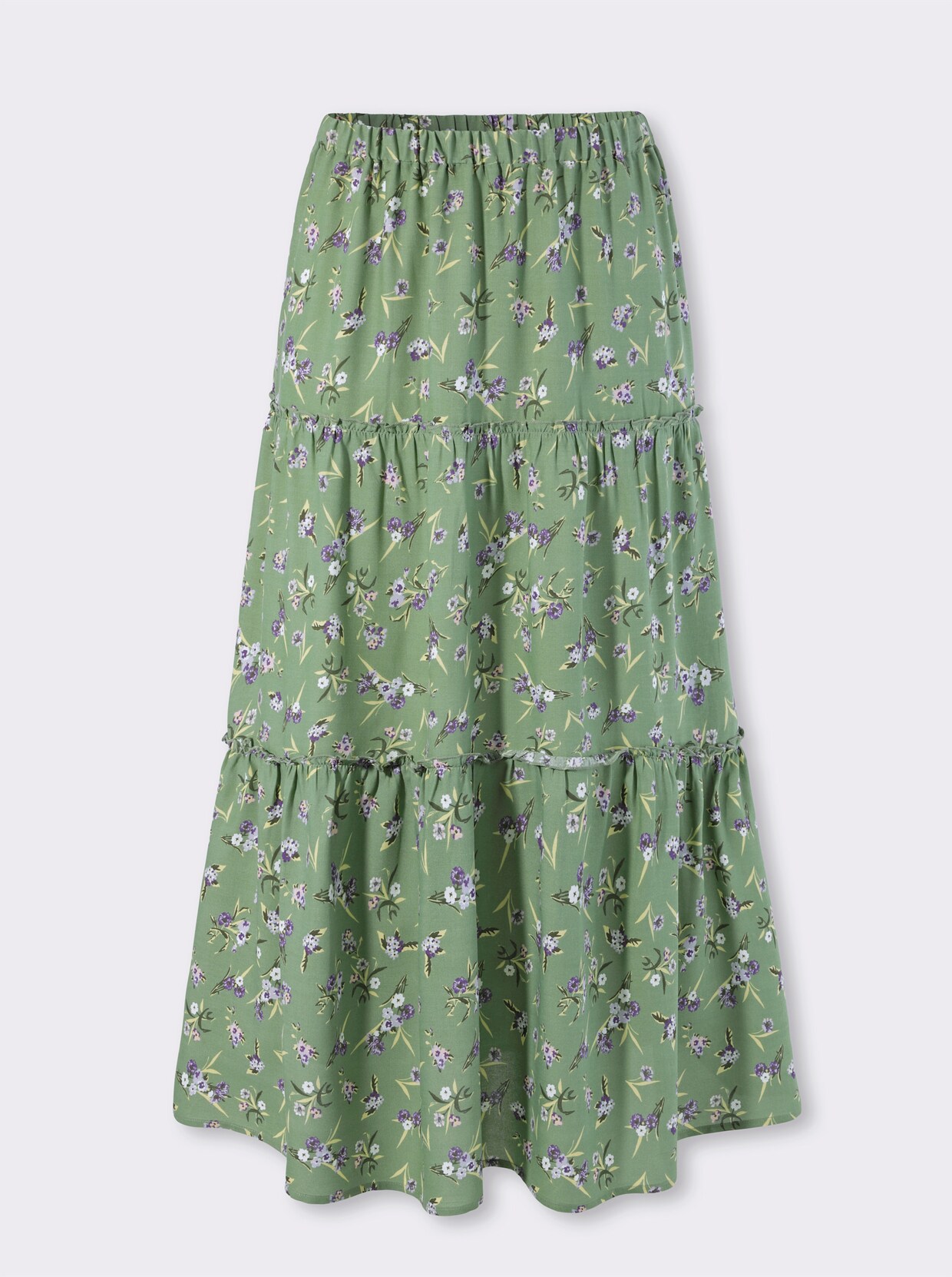 Volánová sukňa - eukalyptová-fialová potlač