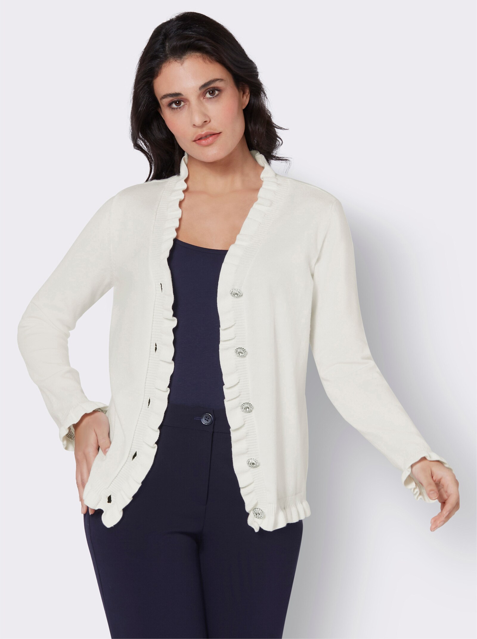 Strickjacke mit Rüschen-Verzierung - ecru